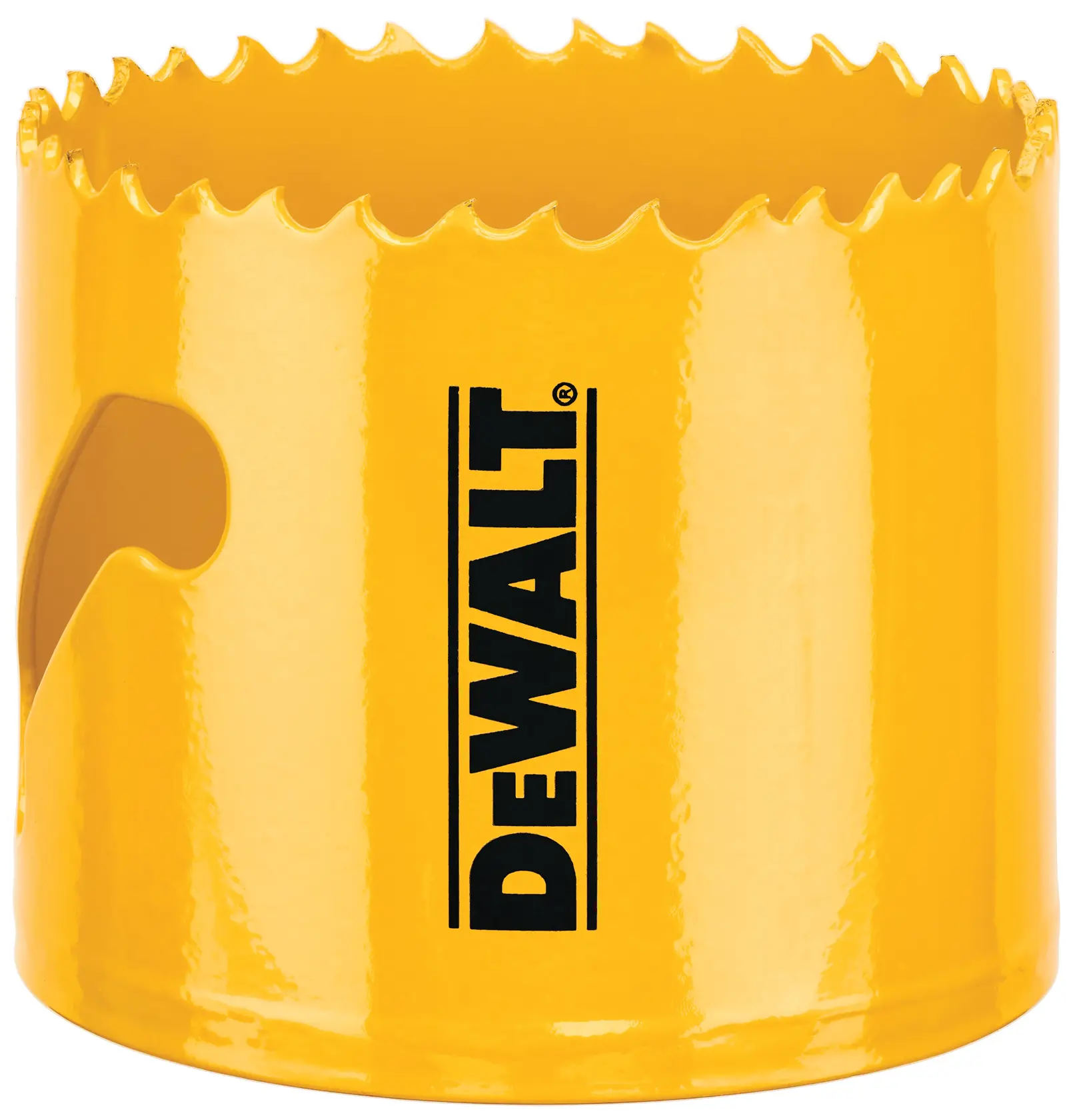 Close-up view of a yellow DEWALT hole saw with sharp serrated edges and the DEWALT logo printed vertically on the side.