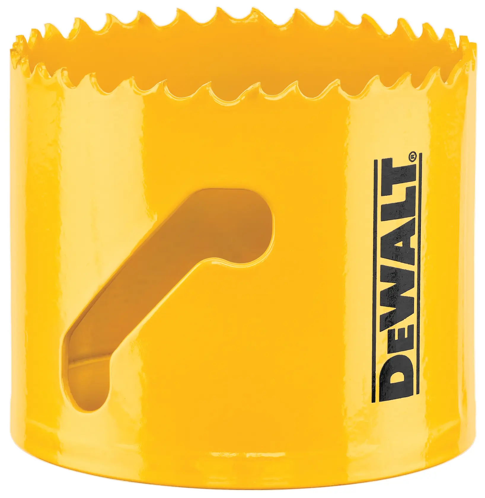 A yellow DEWALT hole saw with sharp serrated edges and side openings, used for cutting precise holes in materials such as wood or metal.