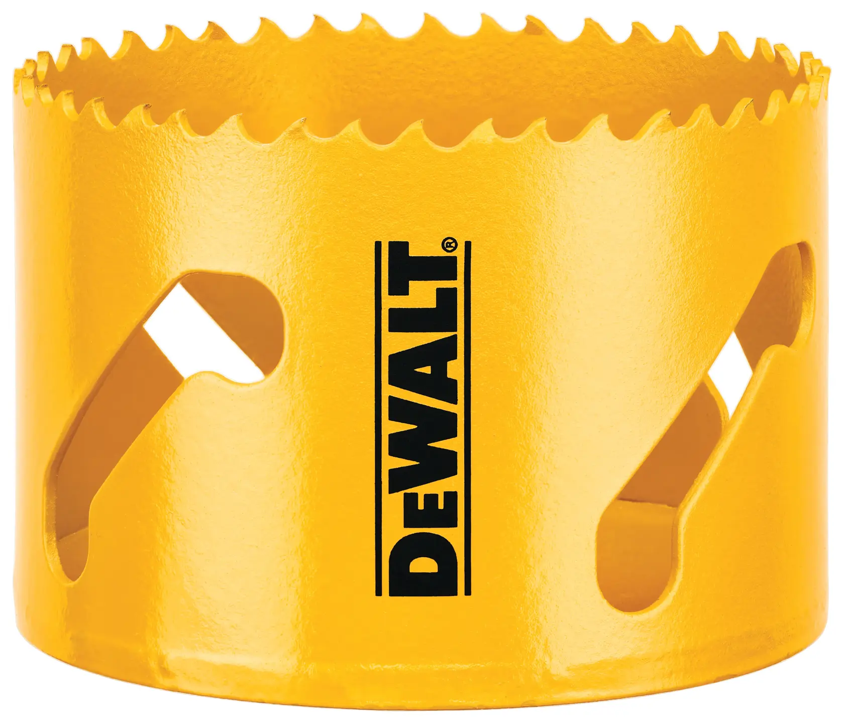 A yellow DEWALT hole saw with sharp teeth around the top edge, designed for cutting circular holes, featuring the DEWALT logo printed vertically on its side.