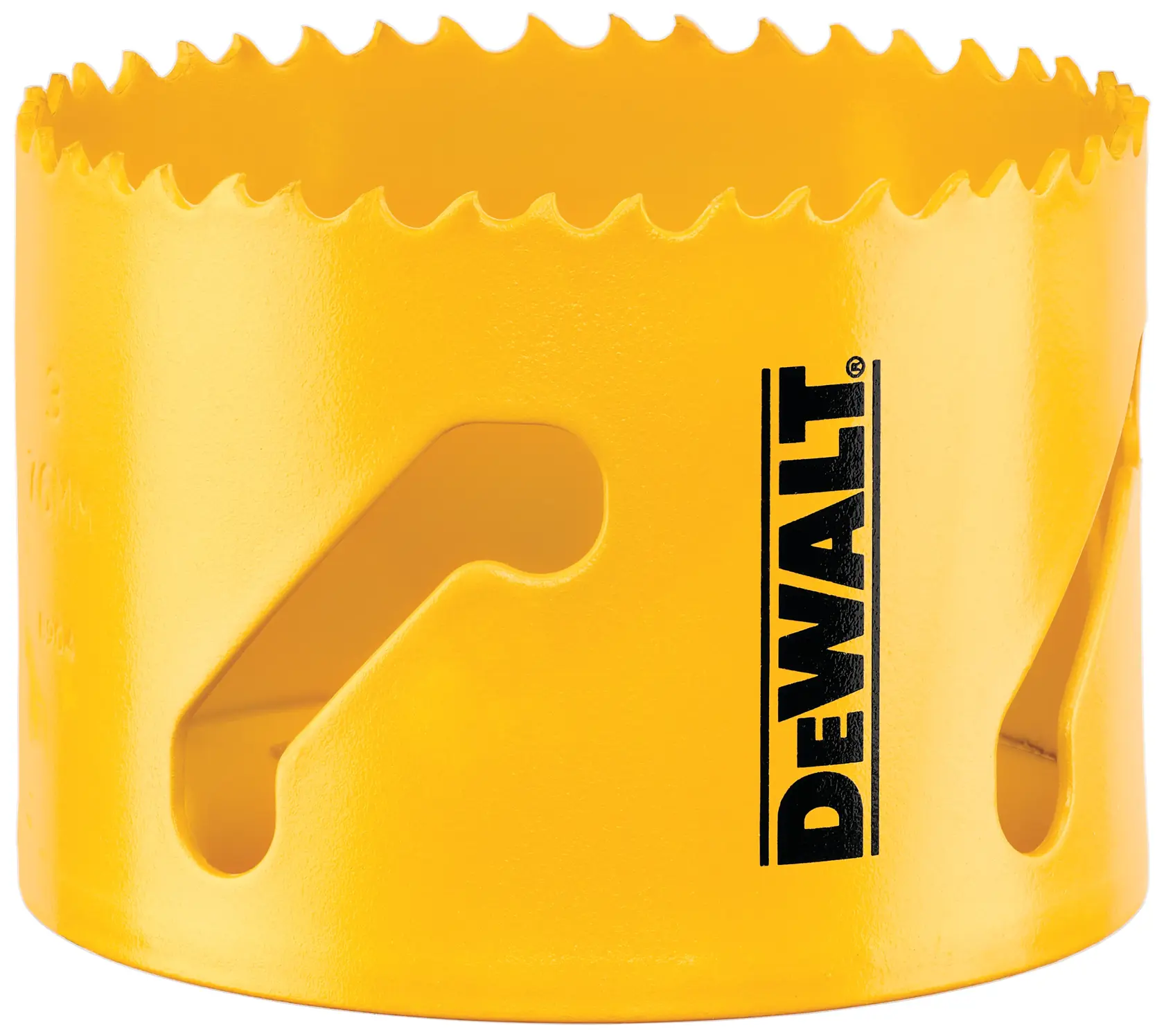 Close-up image of a yellow DEWALT hole saw, a cylindrical cutting tool with jagged teeth around the top edge, used for drilling circular holes in materials.
