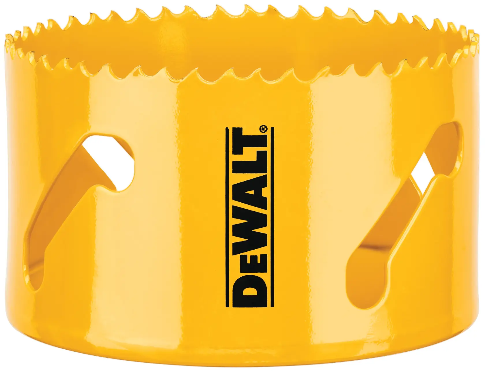 Close-up image of a DEWALT yellow holesaw with jagged cutting teeth and brand logo on the side.