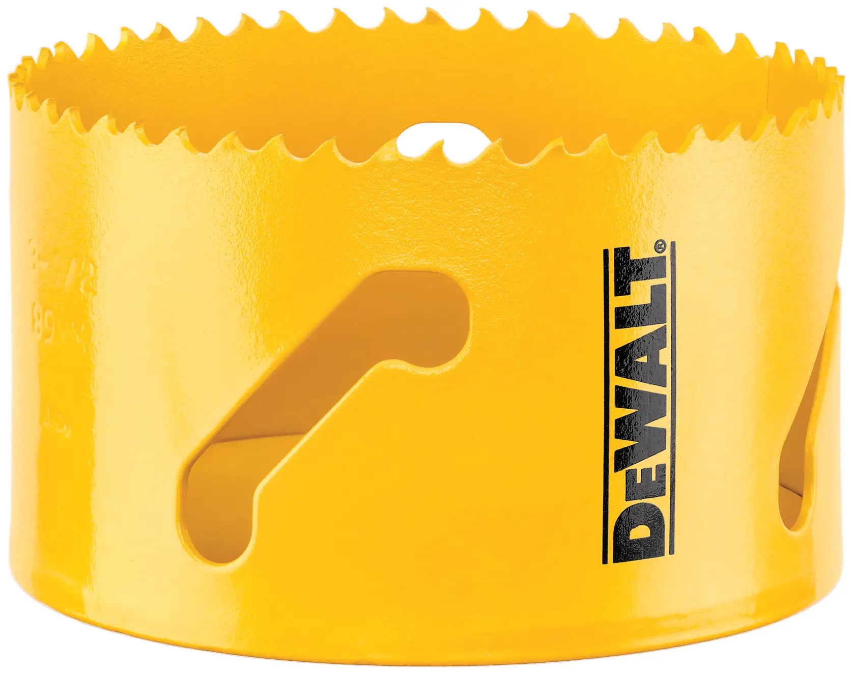 Close-up of a yellow DEWALT hole saw with sharp, jagged teeth and the DEWALT logo printed on the side.