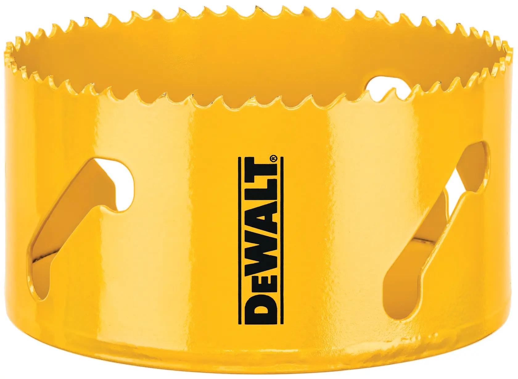 A yellow DEWALT hole saw with sharp teeth, designed for cutting circular holes, shown close-up.