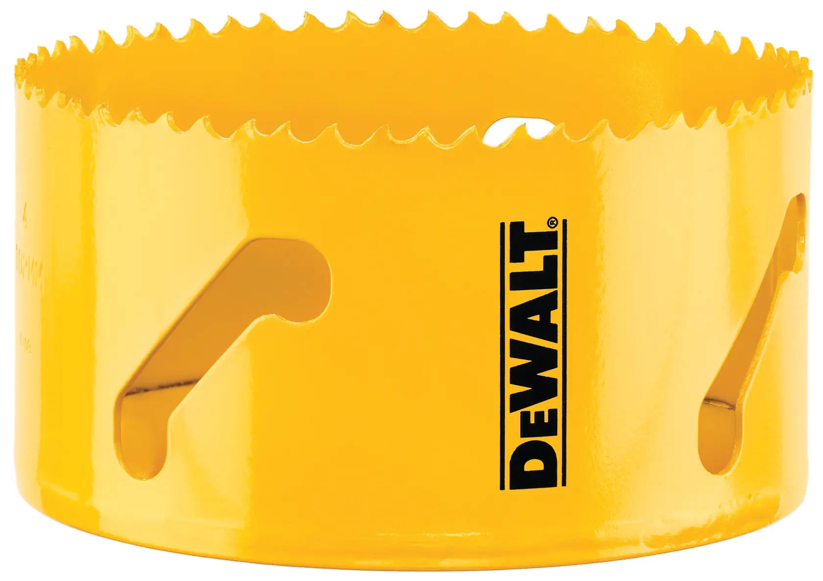 A yellow DEWALT hole saw with sharp teeth, designed for cutting clean holes in materials.