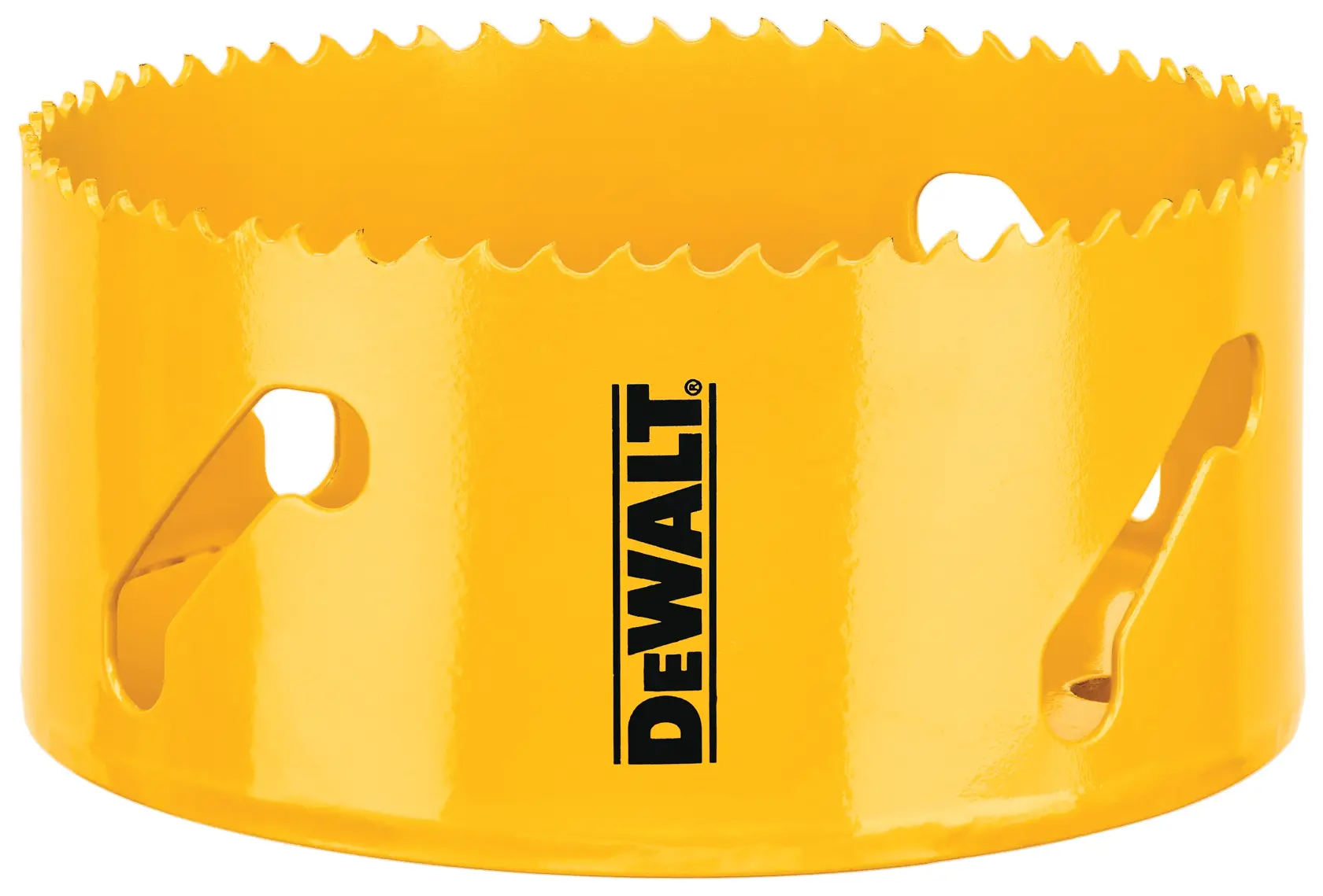 A yellow DEWALT hole saw with sharp teeth around the edge, designed for cutting holes in materials.
