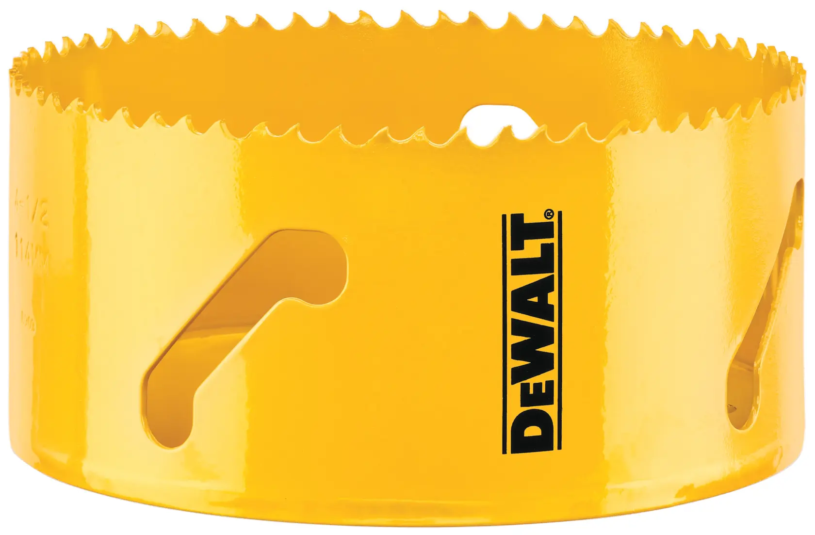 A yellow DEWALT hole saw with jagged teeth and ventilation holes, used for cutting circular holes in materials.