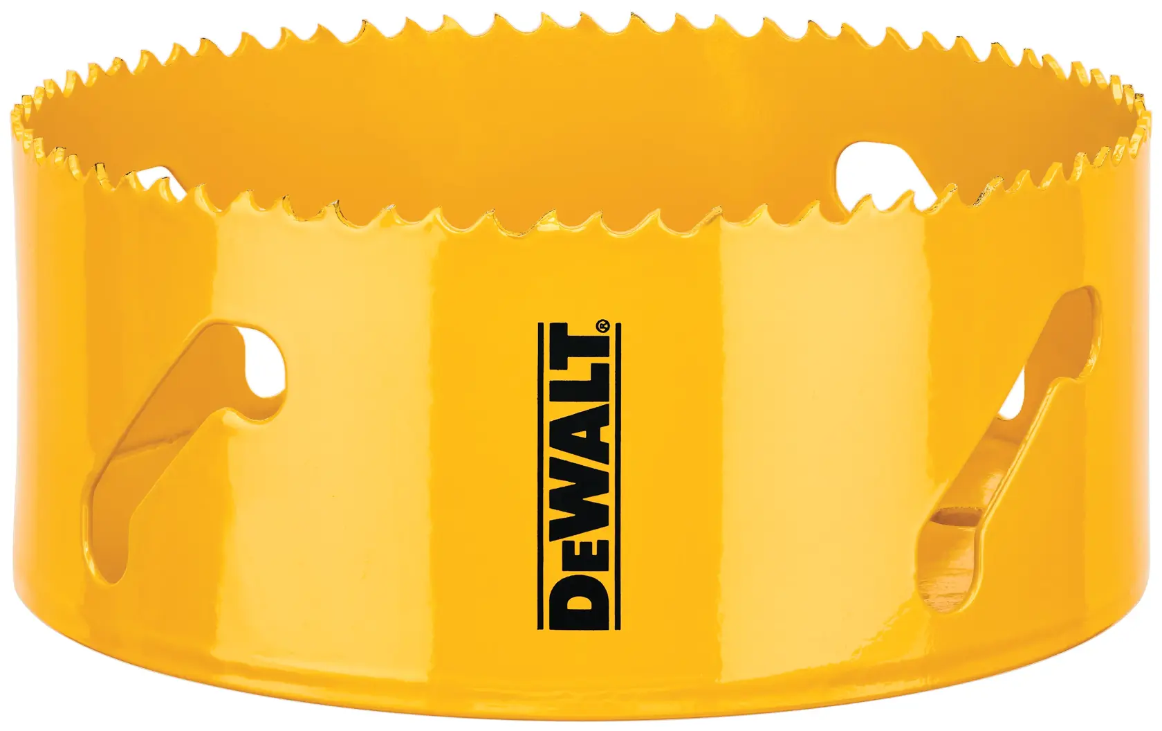 A yellow DEWALT hole saw with a jagged, circular cutting edge and brand logo on the side.