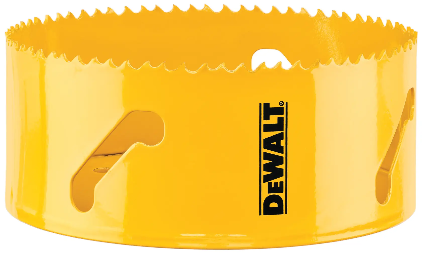 A close-up image of a yellow DEWALT hole saw with jagged teeth along the top edge and the DEWALT logo printed on the side.