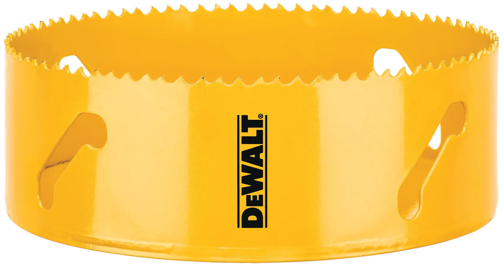 A yellow DEWALT hole saw with sharp teeth, designed for cutting holes in materials such as wood, plastic, or metal.