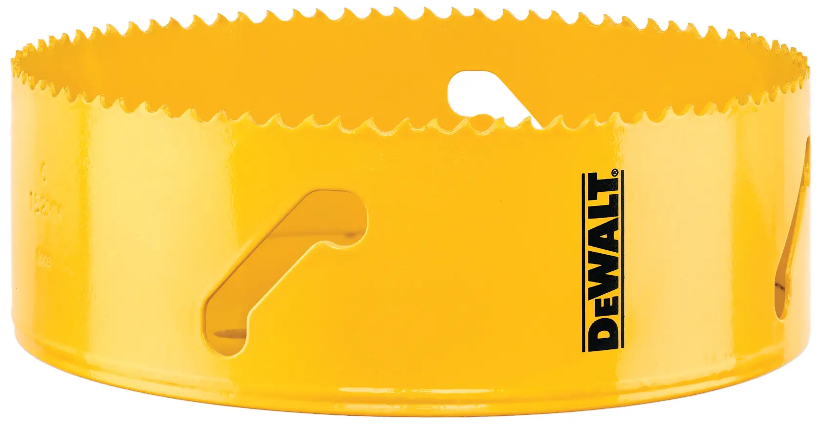 A yellow DEWALT hole saw with sharp teeth around the edge, used for cutting circular holes in materials.
