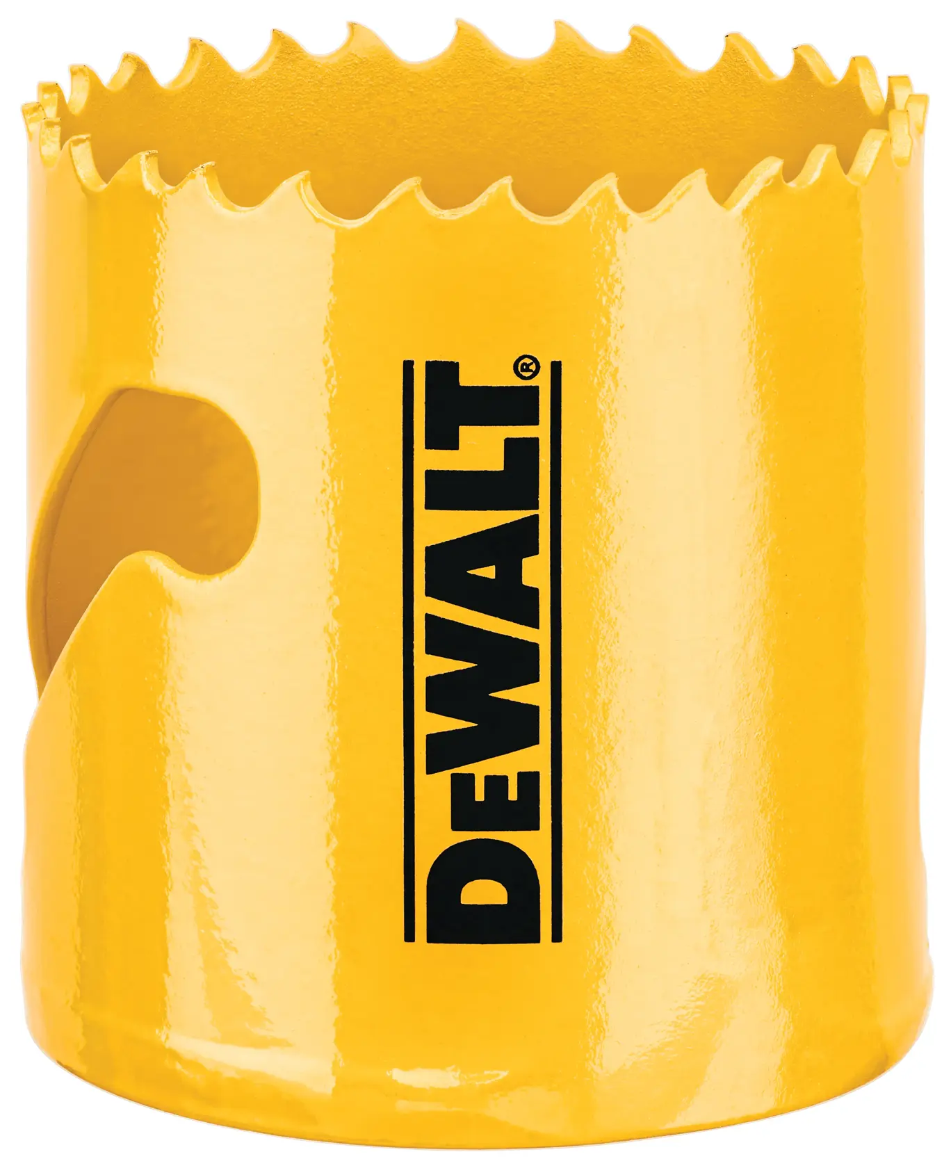 A yellow DEWALT hole saw with sharp teeth and the DEWALT logo printed vertically on the side.
