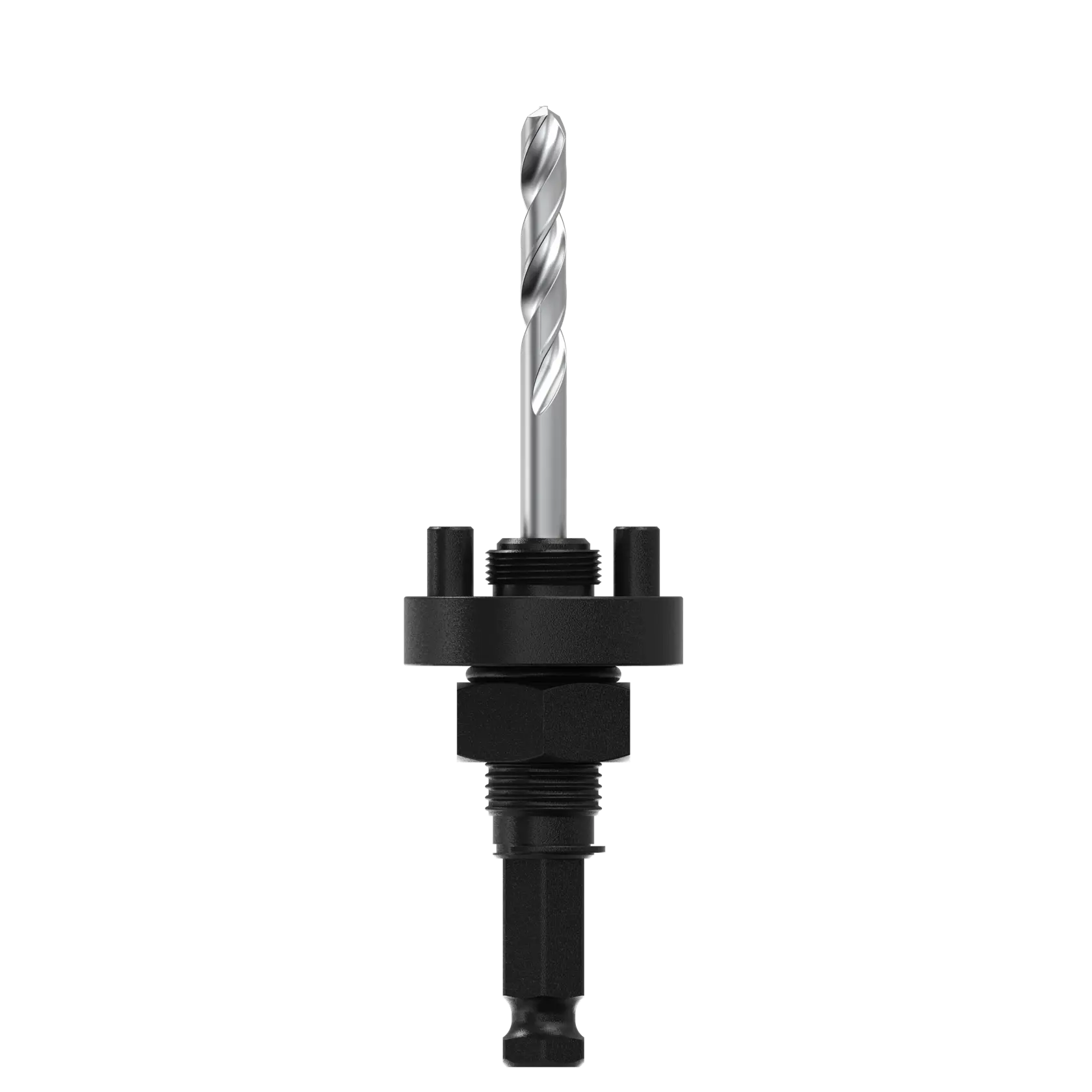 A metal hole saw arbor with a pilot drill bit attached, designed for mounting hole saws, typically used in power drills for cutting circular holes in various materials.