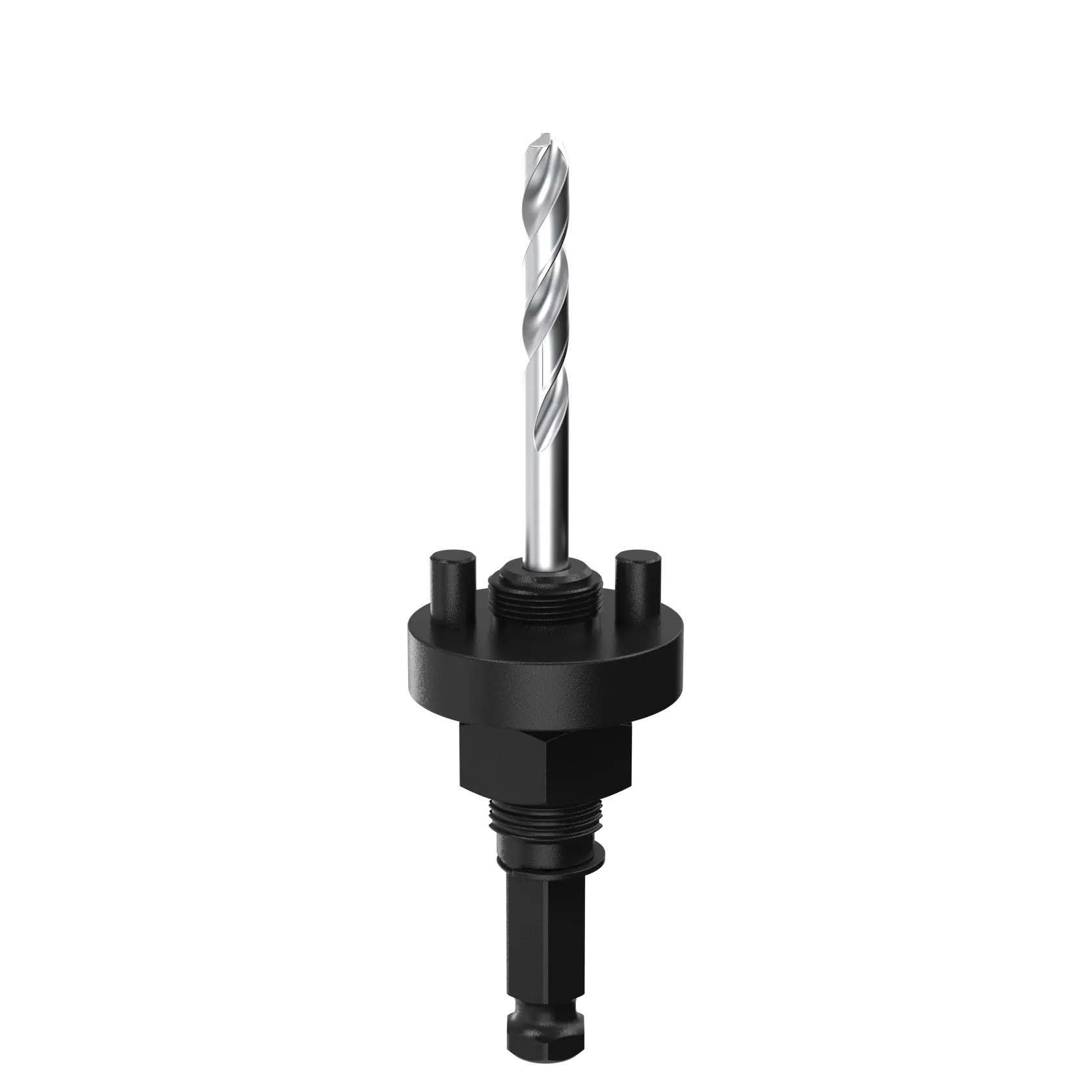 DEWALT hole saw arbor with pilot drill bit, black metal body, shown on white background.