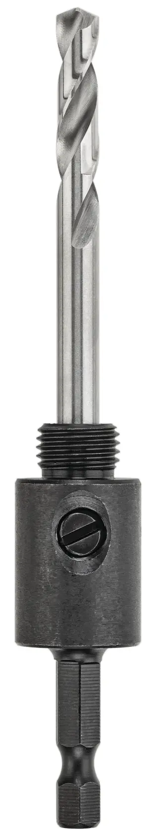 A DEWALT drill bit arbor designed for attaching a hole saw, featuring a central pilot drill and a hex shank.