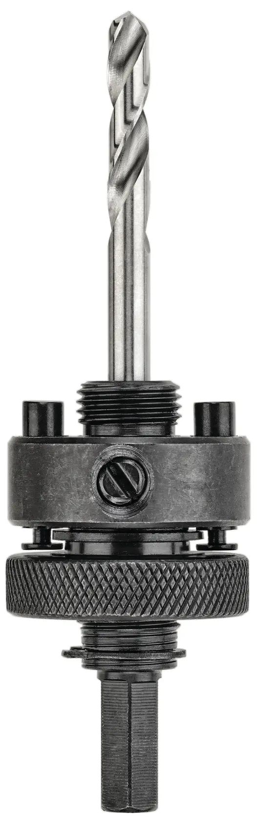 A DEWALT hole saw arbor with a pilot drill bit, featuring a robust metal construction and a knurled ring for secure grip, used for attaching hole saws to drills.