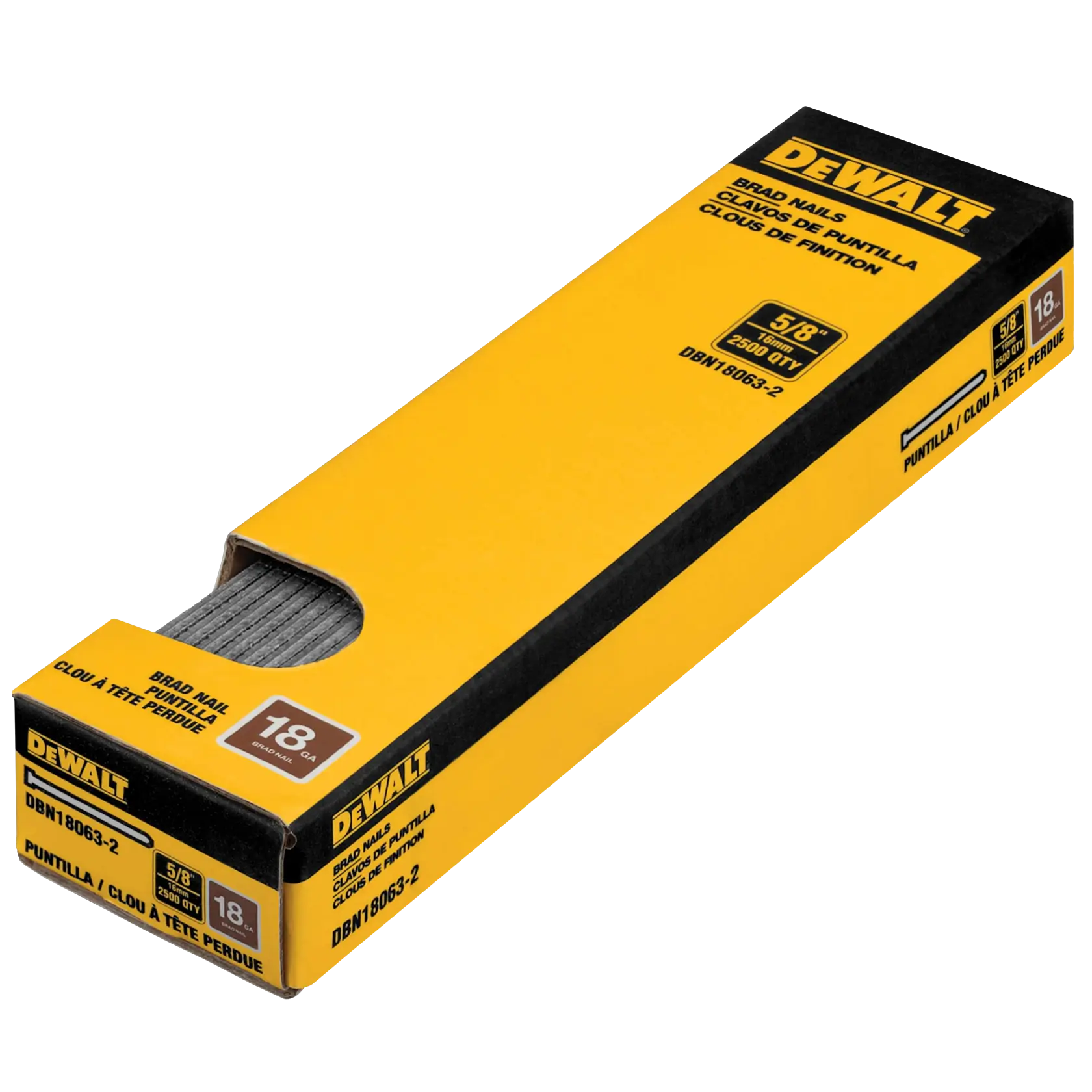 A yellow and black box of DEWALT brad nails, model DBN18063-2, containing 5/8 inch (18 gauge) nails for finish work. Part of the nails are visible in the open end of the packaging.
