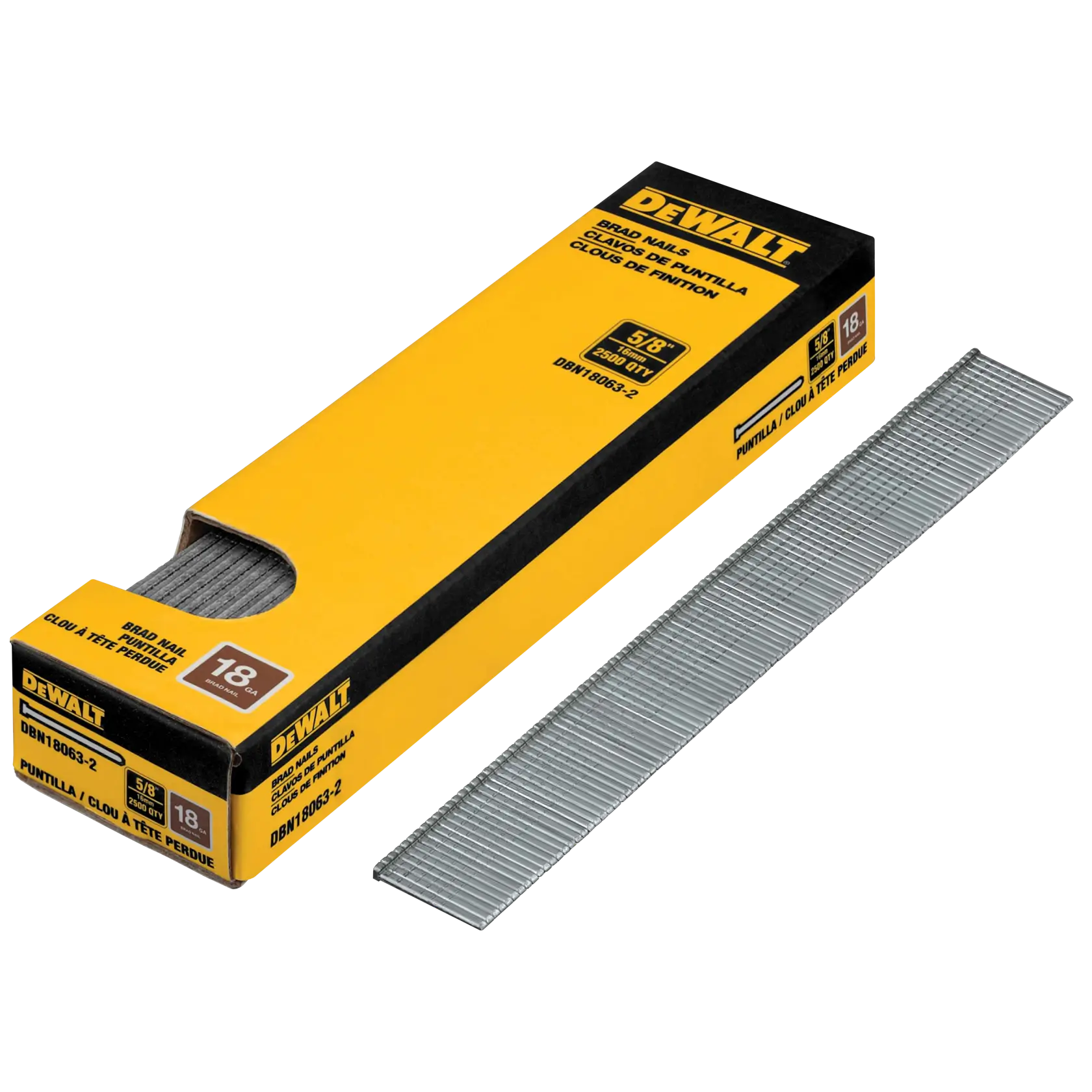 A yellow and black box of DEWALT brad nails with a stack of silver brad nails displayed next to the box. The box indicates 18 gauge, 5/8 inch length, and contains 2500 nails.