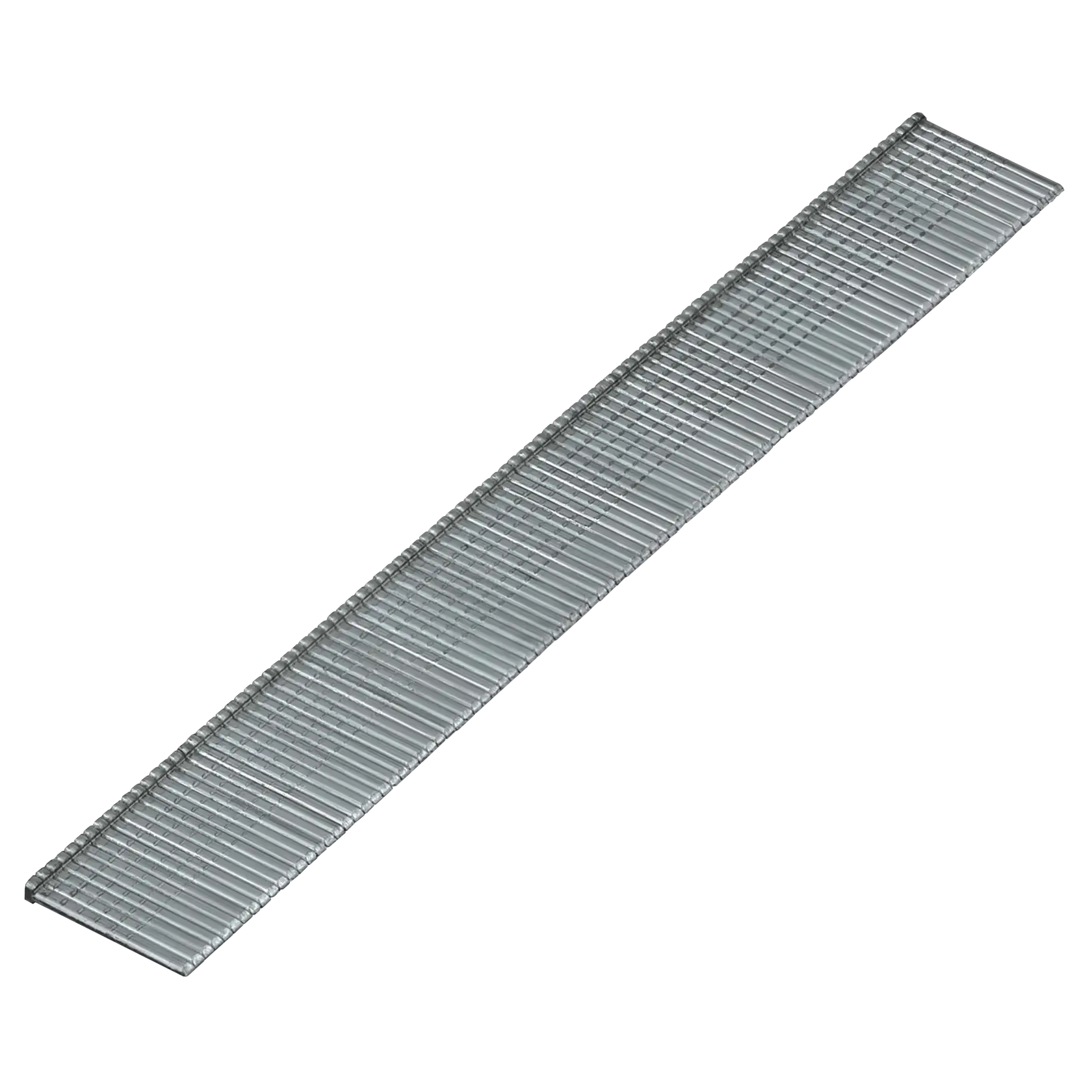 A strip of metallic finish nails arranged in a single row, used for fastening materials in construction or woodworking.