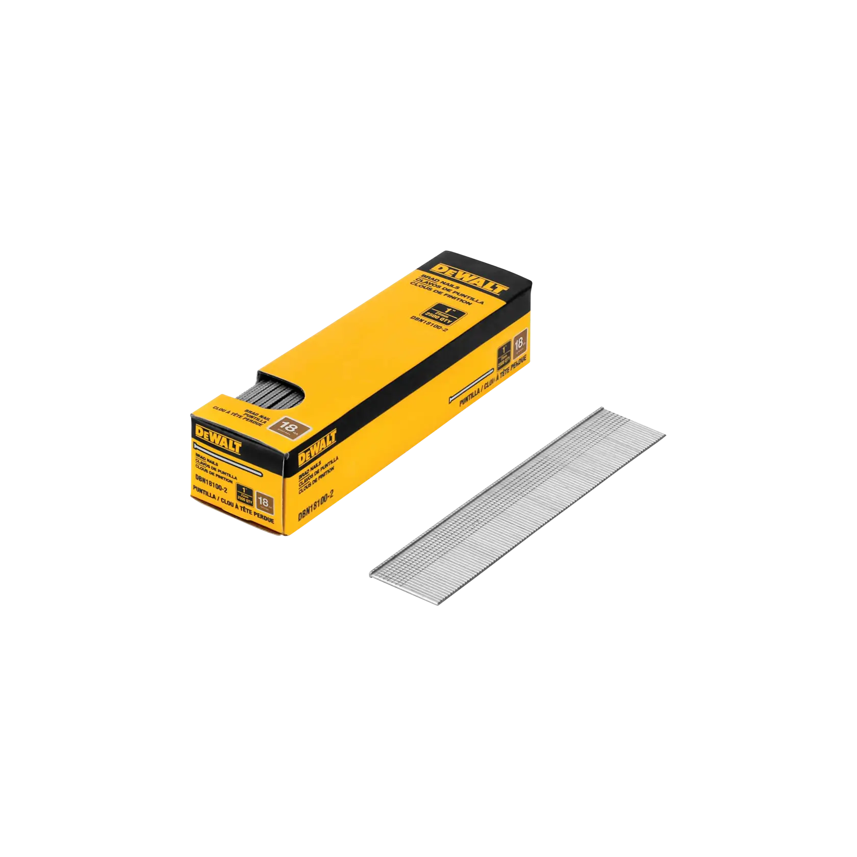 A yellow and black DEWALT branded box containing 18 gauge brad nails, with a strip of silver nails placed next to it.