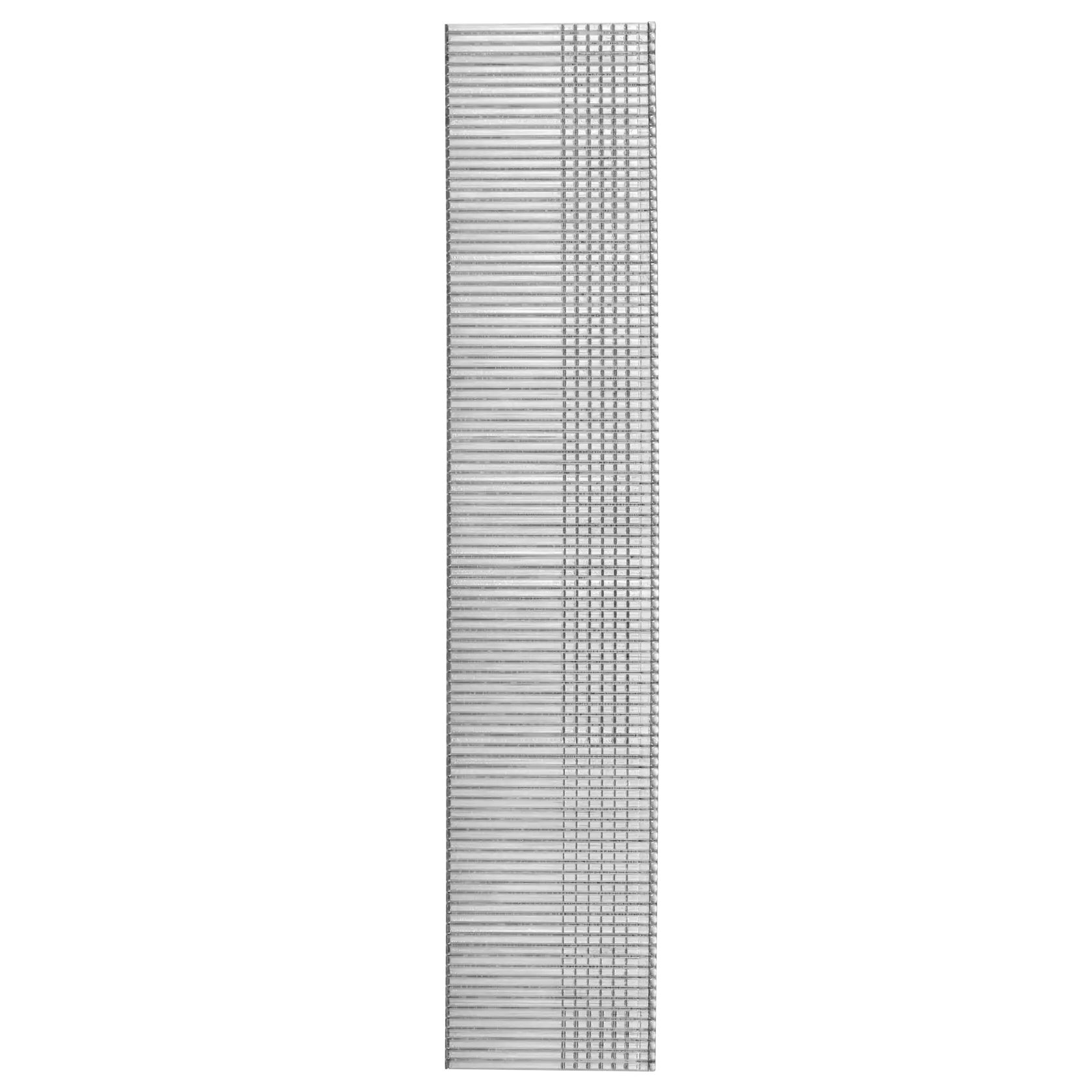 A stack of silver-colored brad nails arranged in a vertical strip on a white background.