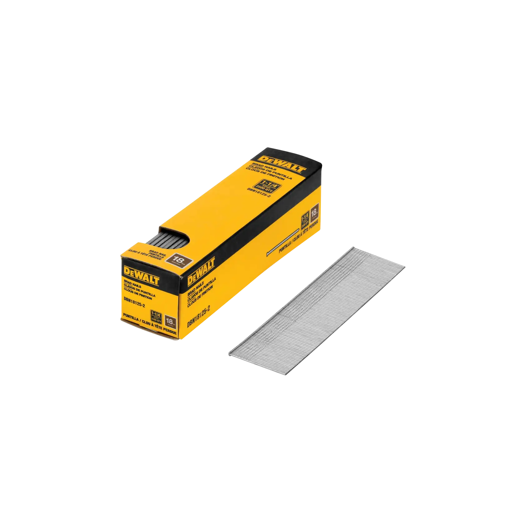 A yellow and black box of DEWALT 18-gauge brad nails, SKU DBN18125-2, with a stack of nails beside it.