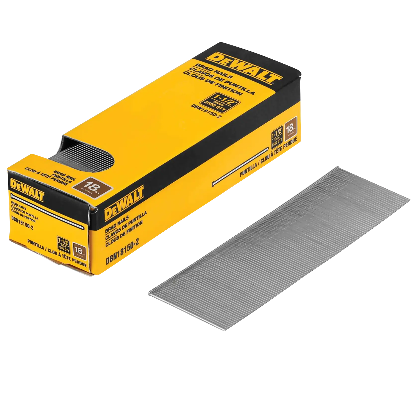 A yellow and black DEWALT box labeled 'Brad Nails' with a strip of metal brad nails partially visible and another strip placed next to the box, SKU DBN18150-2.