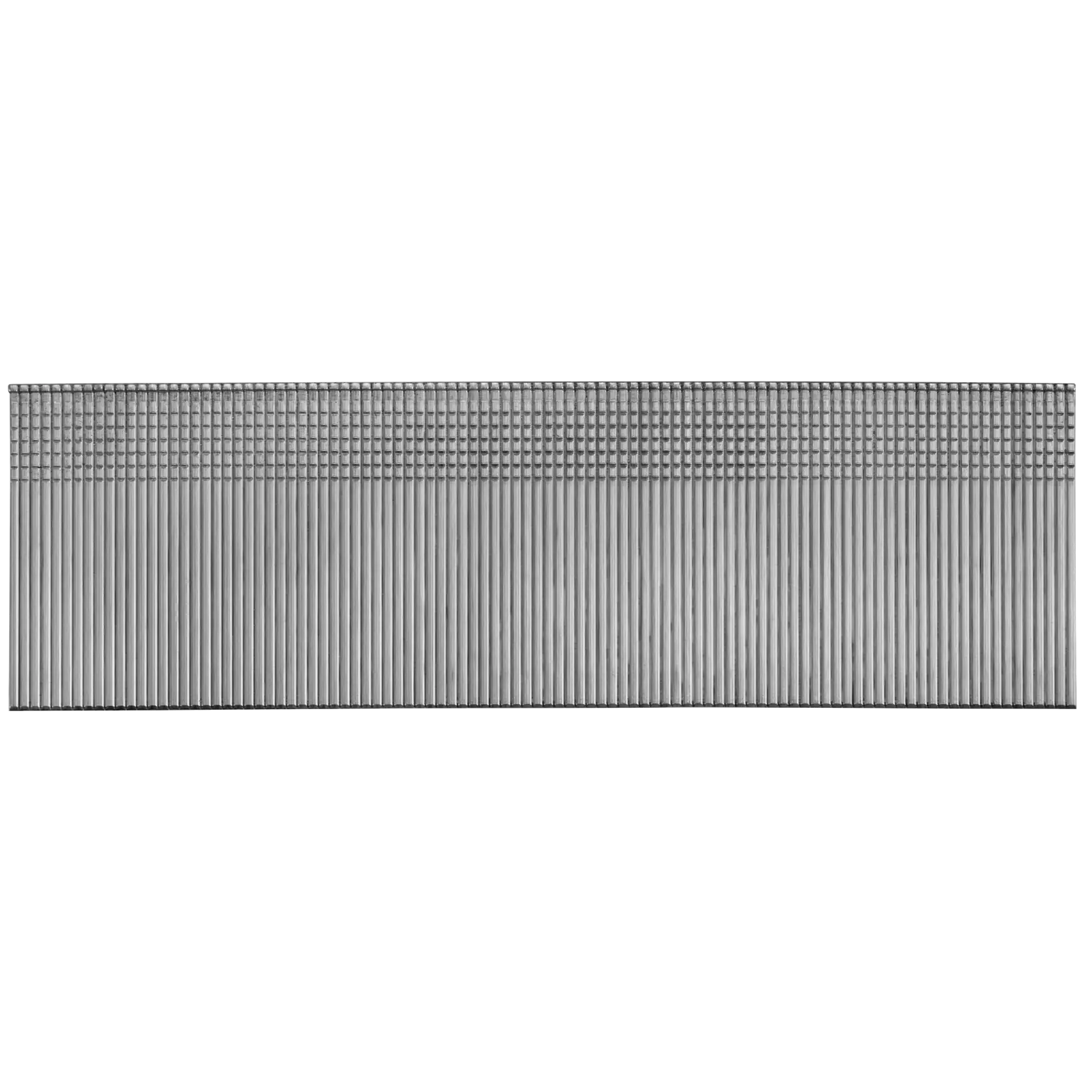 A strip of metallic brad nails arranged in a straight line, commonly used for nail guns in woodworking and carpentry.