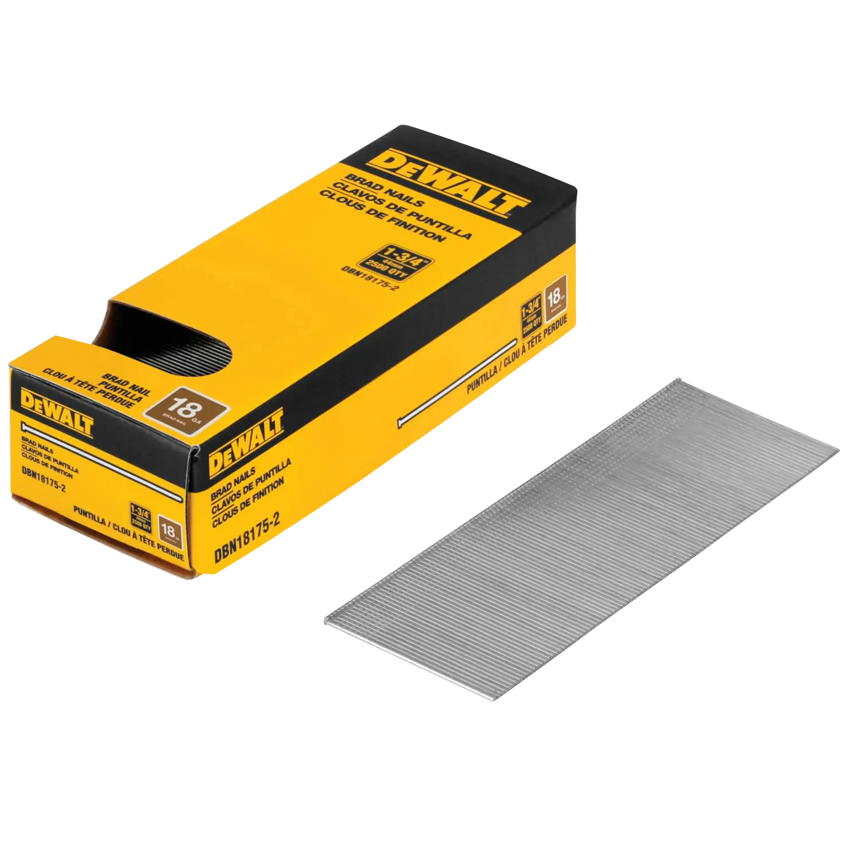 A box of DEWALT brad nails, model DBN18175-2, with a stack of silver brad nails placed next to it. The packaging is yellow and black, showing details such as 18 gauge and finish nails.