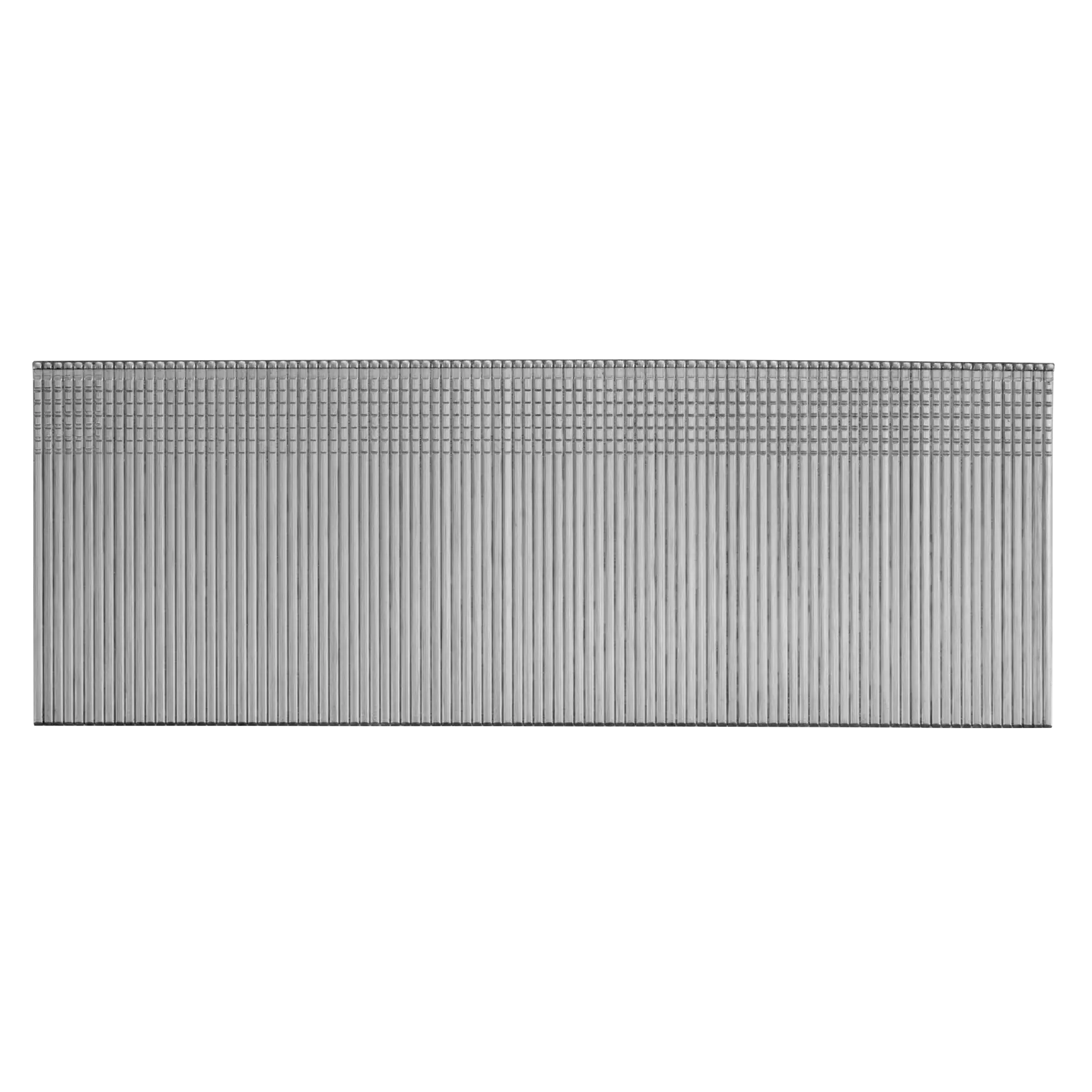A close-up image of a strip of metallic finish nails arranged in a row, used in nail guns for carpentry or construction.