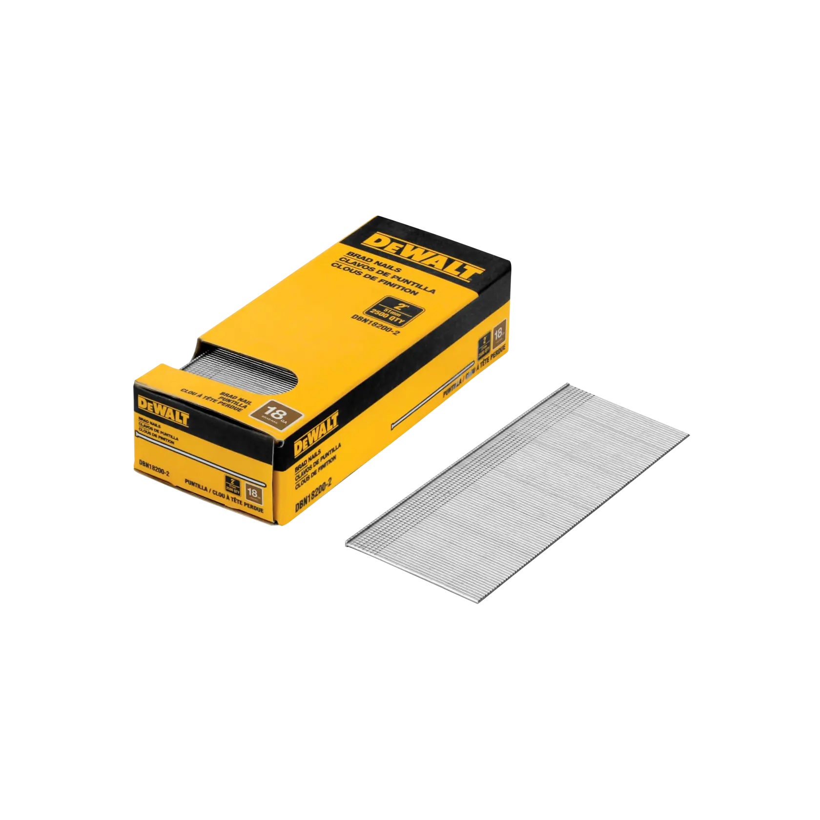 A box of DEWALT brad nails, model DBN18200-2, with a stack of silver brad nails placed beside the yellow and black packaging.