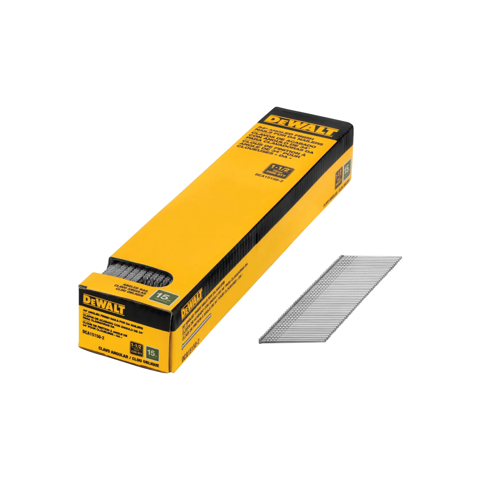 A yellow and black box of DEWALT 15 gauge angled finish nails, SKU DCA15150-2, with a strip of nails partially pulled out and displayed next to the box.