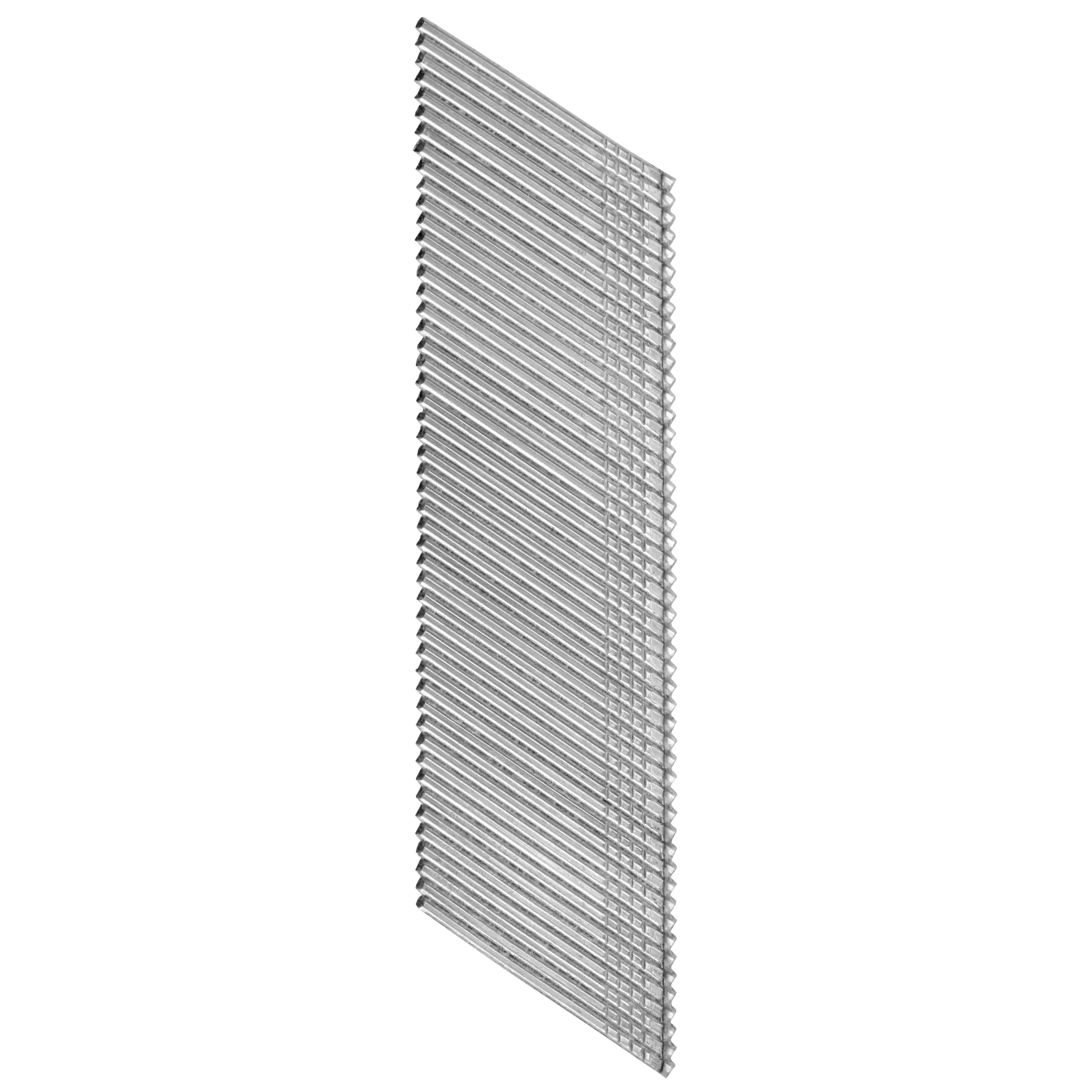 A bundle of angled finish nails arranged in a strip, used for nail guns, shown on a white background.