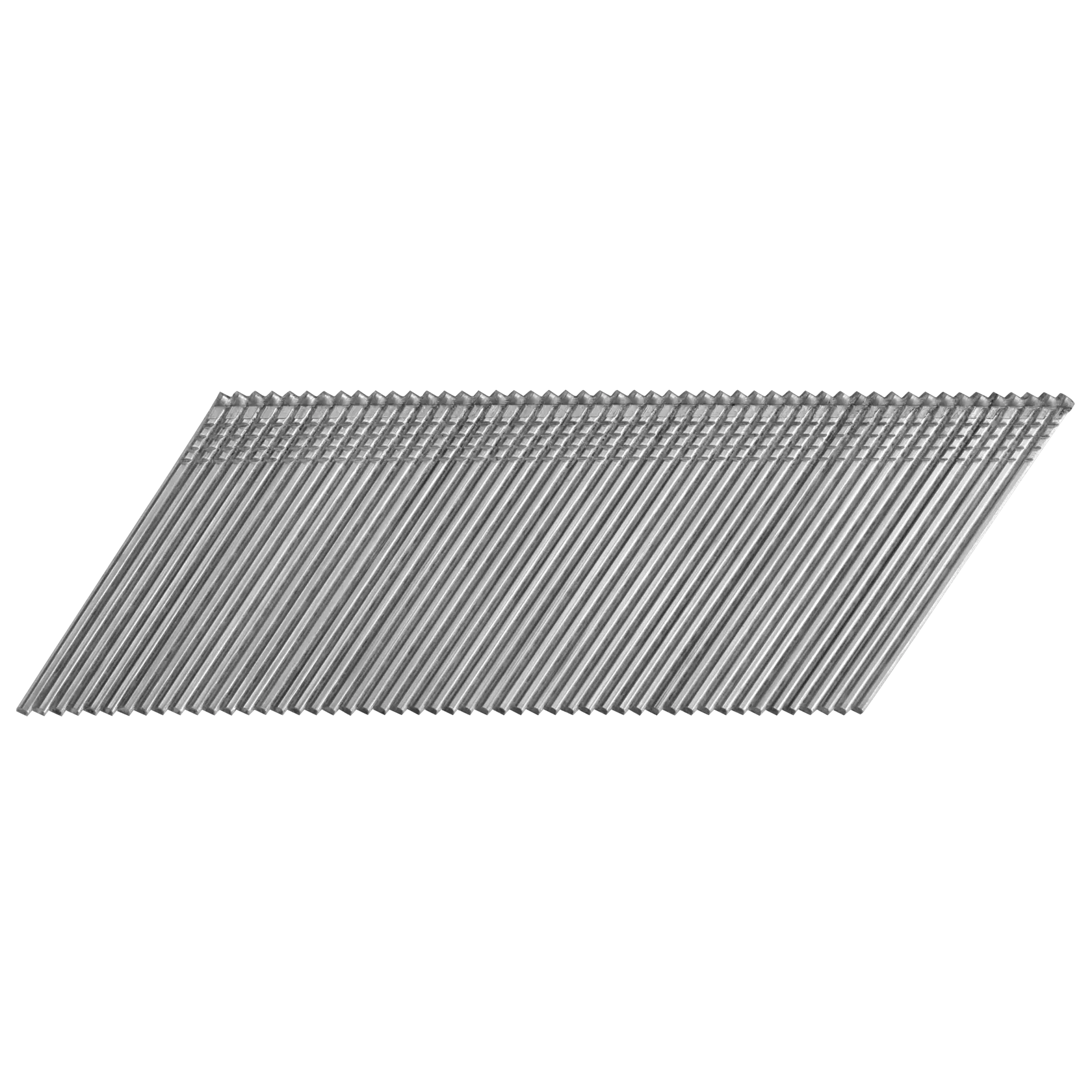 A pack of angled metal nails arranged in a row, typically used for nail guns in construction or carpentry.