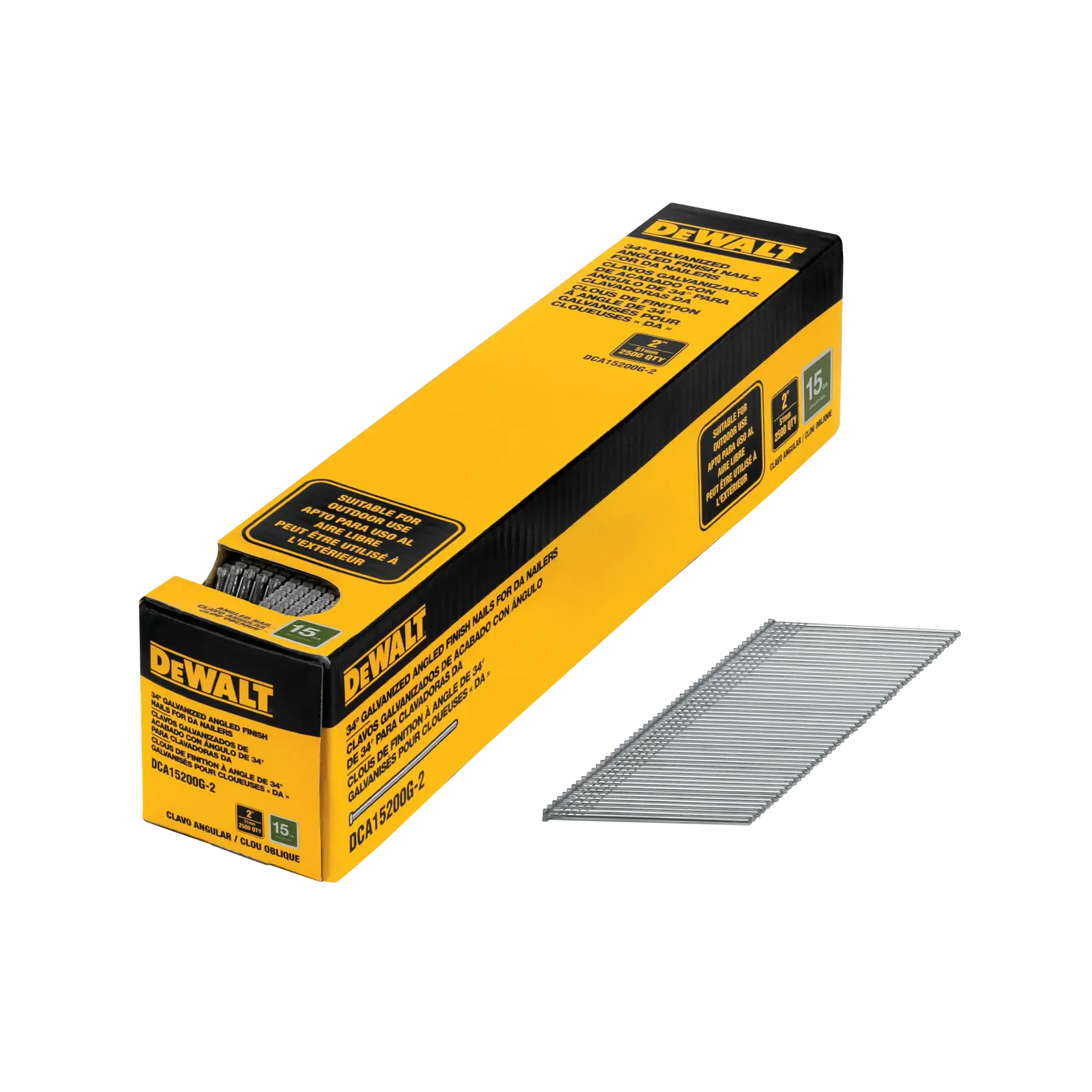 A box of DEWALT 15-gauge angled finish nails, SKU DCA15200G-2, shown with a strip of nails placed beside the box. The packaging is yellow and black with product information printed on it.