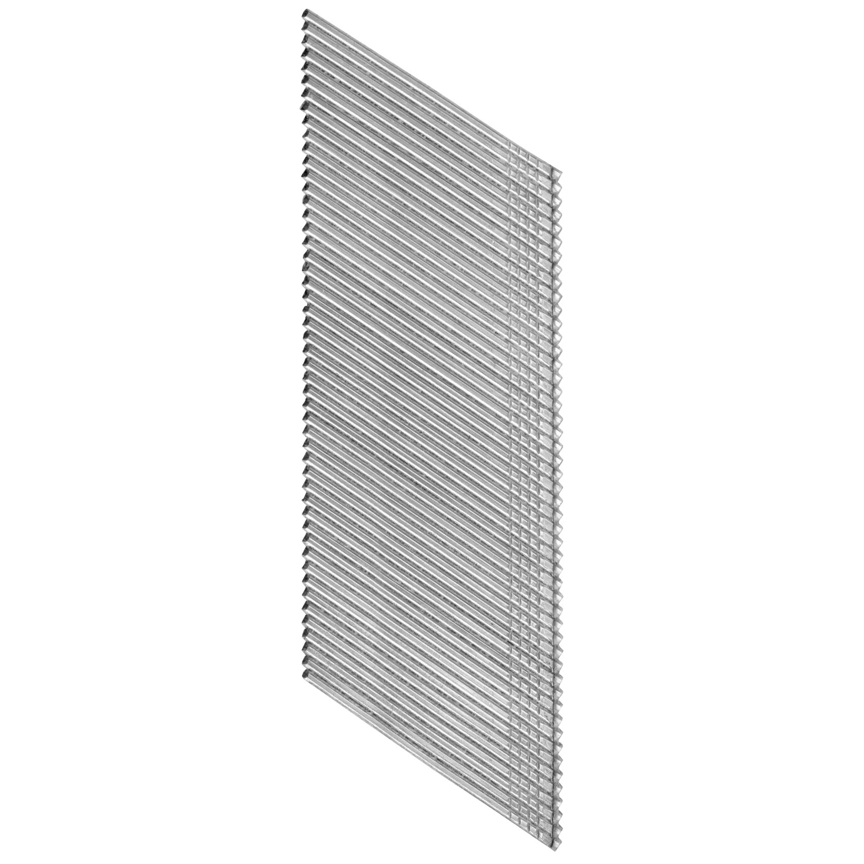 A stack of metal nails arranged in an angled strip, suitable for use in nail guns.