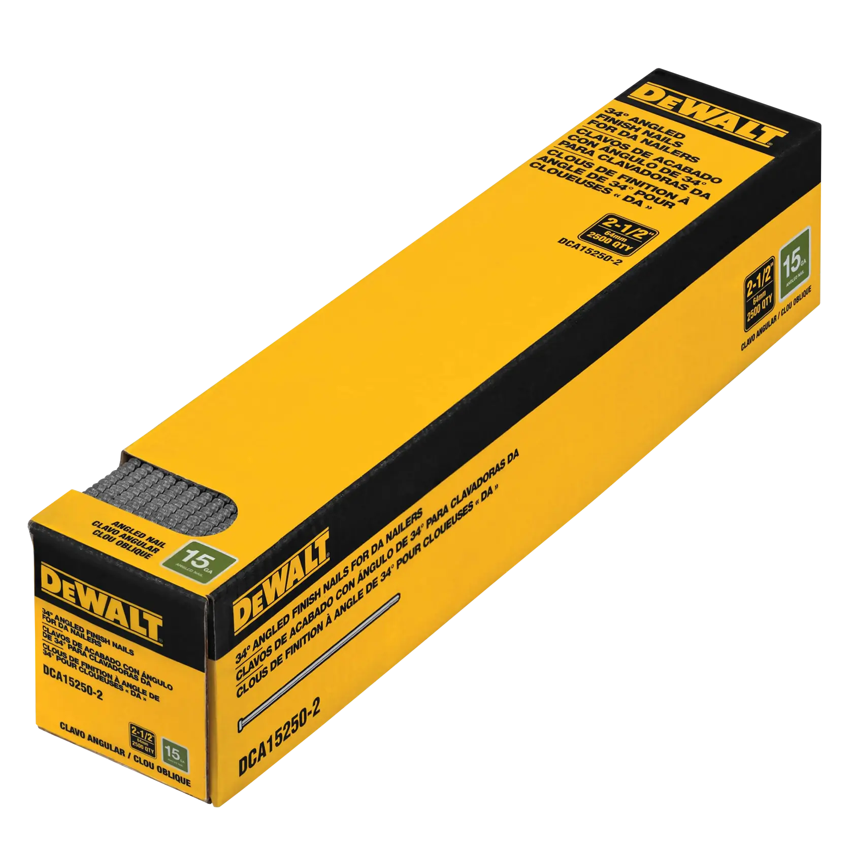 Box of DEWALT 2-1/2 inch 15 gauge 34° angled finish nails, product SKU DCA15250-2. The yellow and black packaging displays product details in multiple languages and shows some of the nails protruding from the open end.
