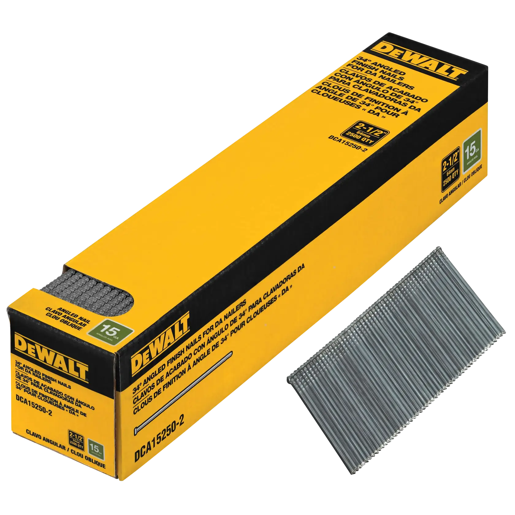 A box of DEWALT brand 15 gauge 2-1/2 inch angled finish nails, model DCA15250-2, with a strip of nails displayed next to the packaging.