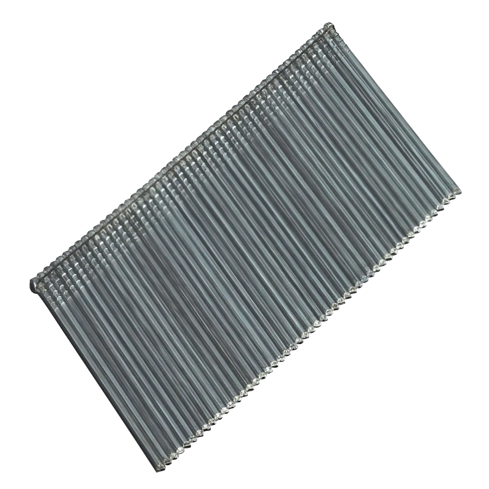 A close-up image of a strip of DEWALT finish nails, arranged in parallel and connected at the top for use in a nail gun.