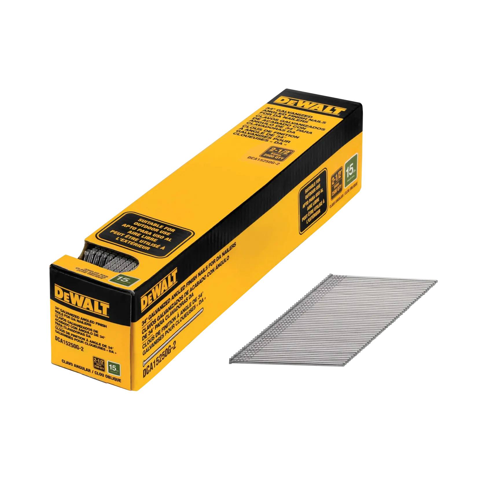 A yellow and black DEWALT box of angled finish nails with several silver nails displayed in front of the box. The product is labeled DCA15250G-2 and is intended for use with nailers.