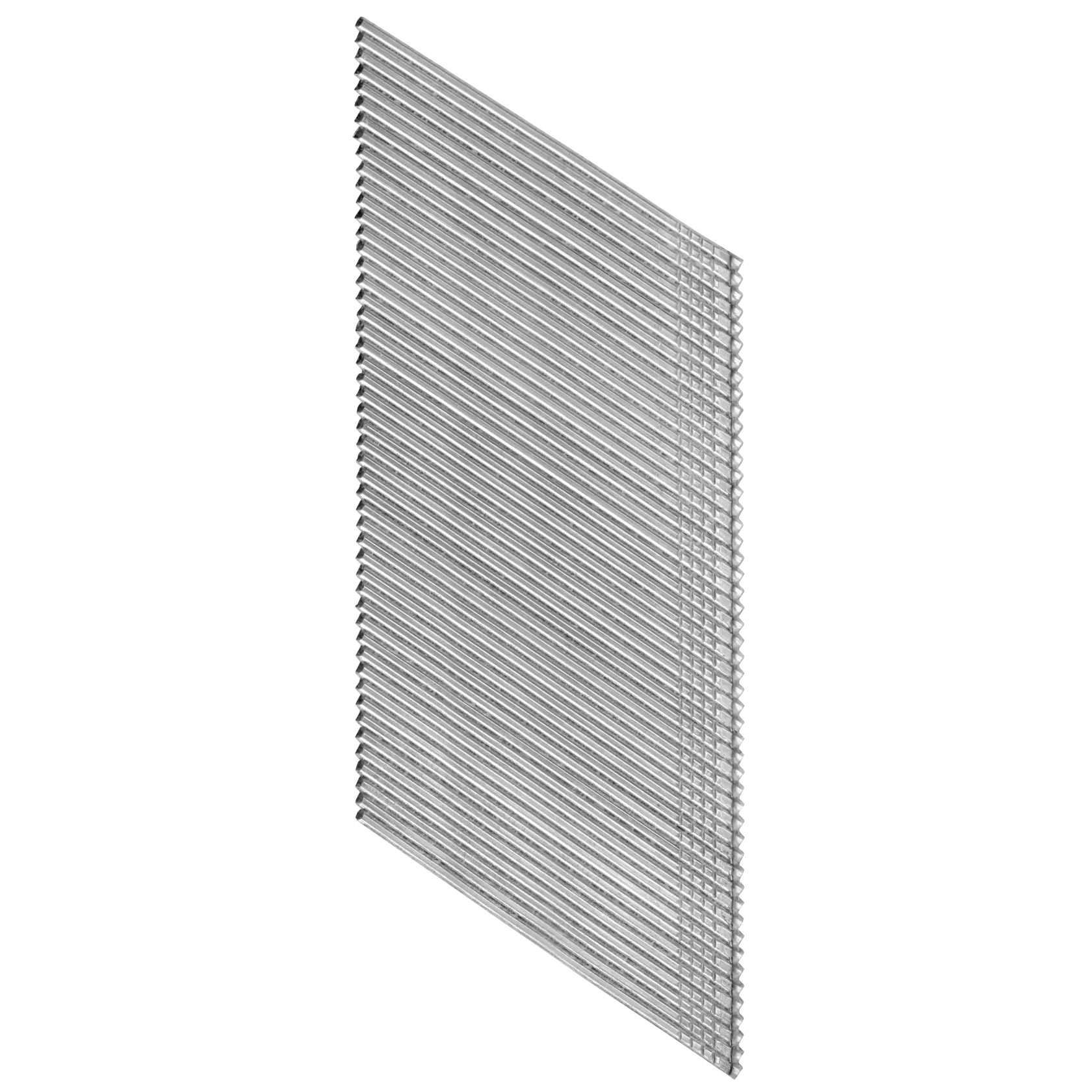 A pack of silver-colored finishing nails arranged in a neat row, designed for use with nail guns.