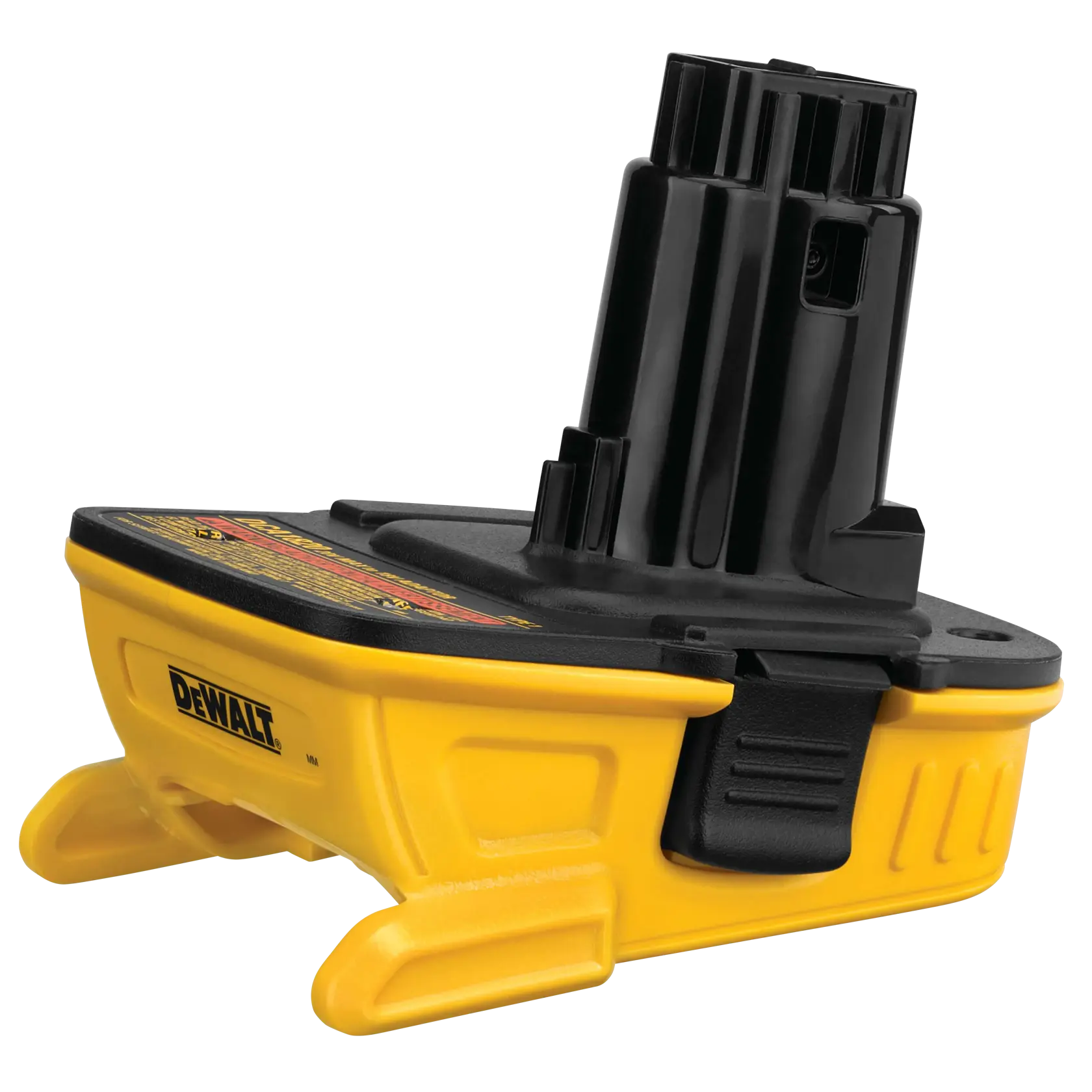 A DEWALT battery adapter, model DCA1820, featuring a yellow and black plastic design. The adapter allows compatibility between different battery types for power tools.