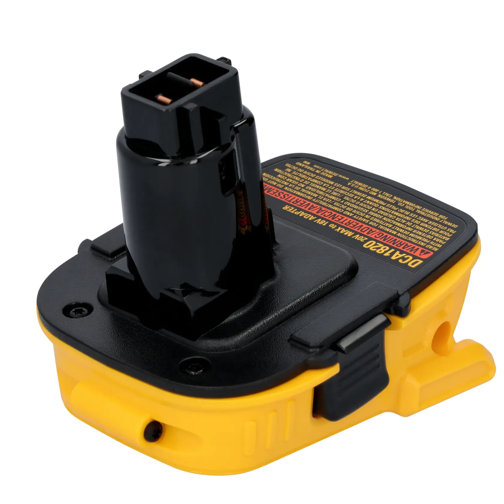 A close-up view of a DEWALT DCA1820 yellow and black battery adapter for power tools, shown on a white background.