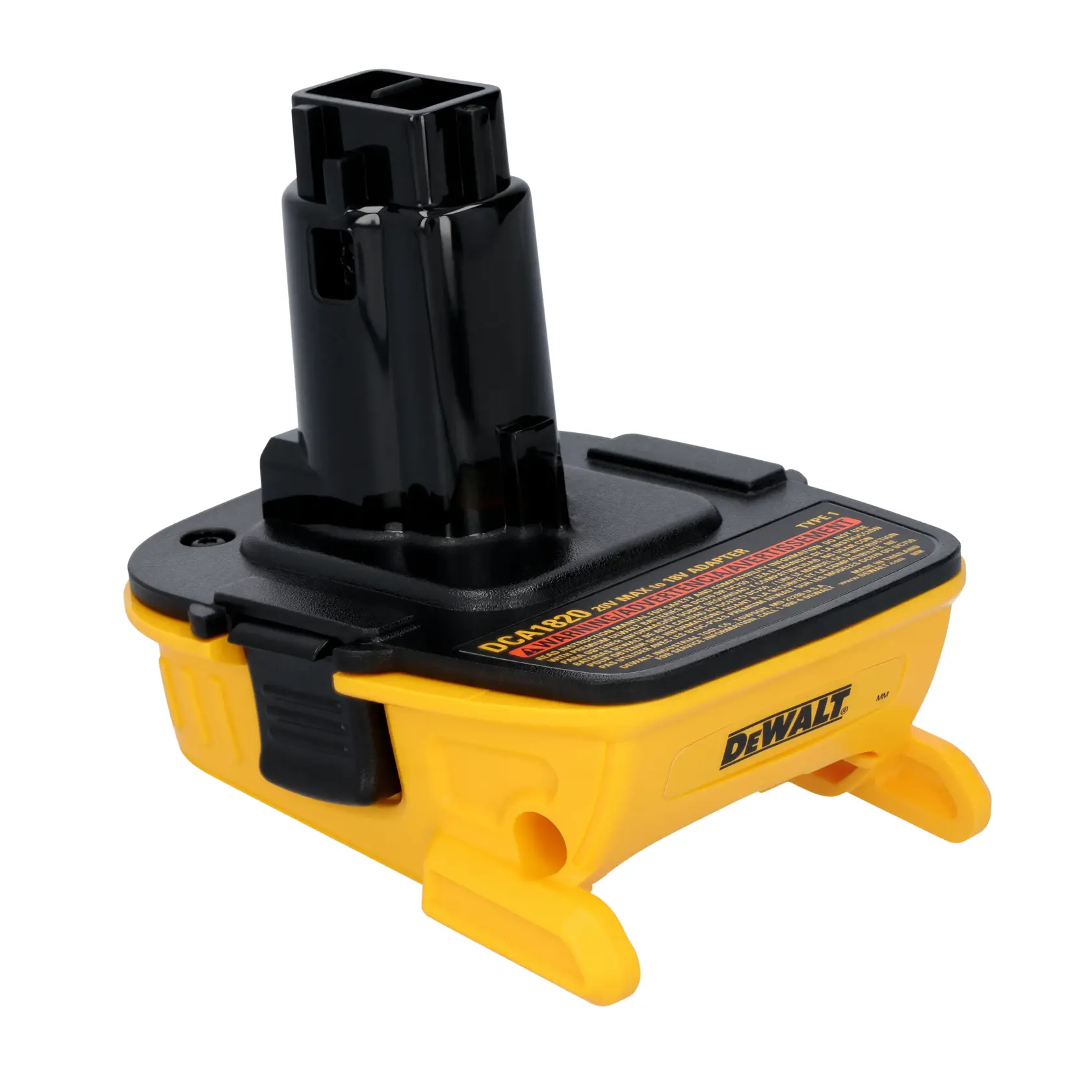 A DEWALT DCA1820 adapter for power tools, featuring a yellow and black plastic construction with printed safety and usage instructions on the top surface.