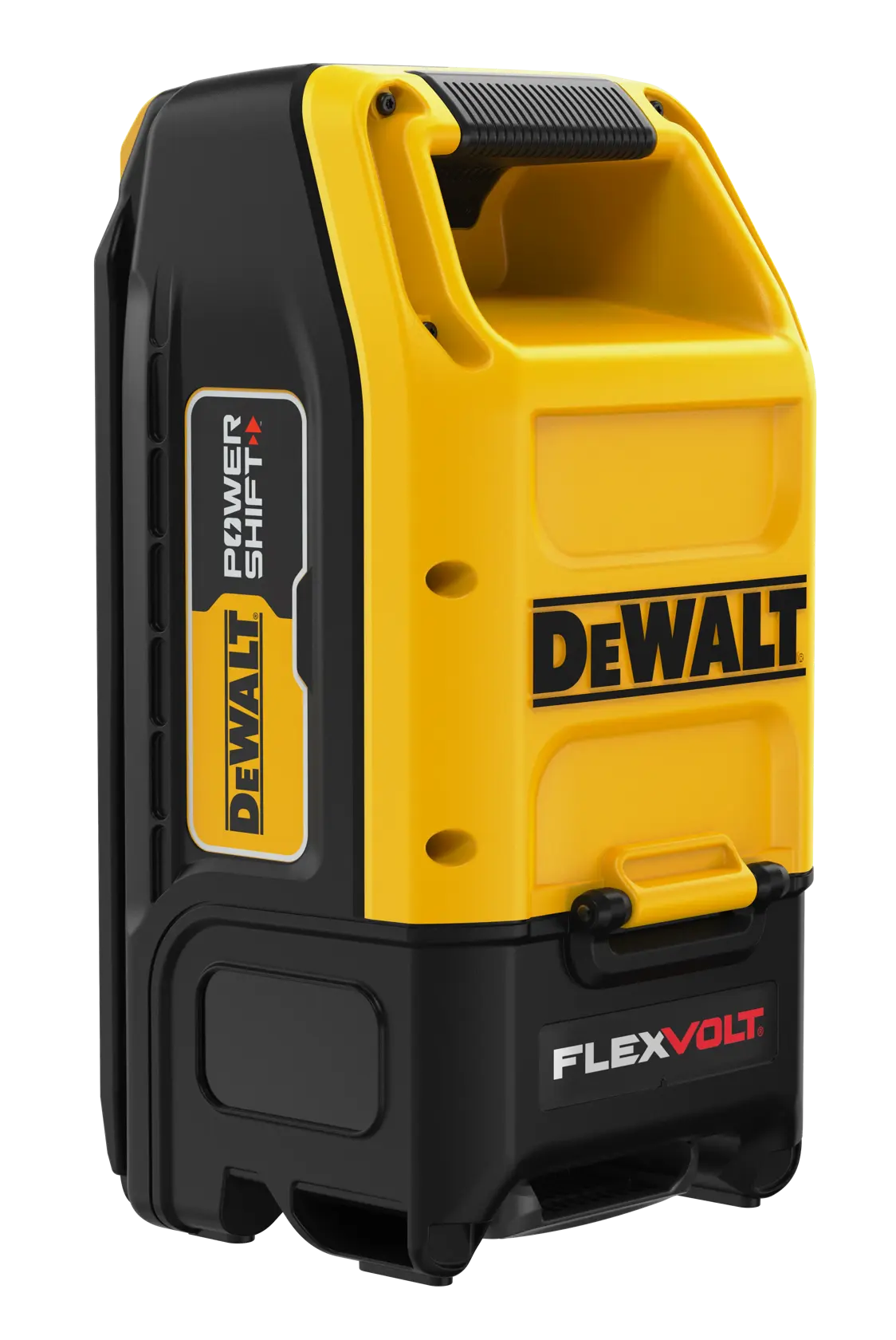 DEWALT FLEXVOLT Power Shift device in yellow and black with handle, used for photography power supply.