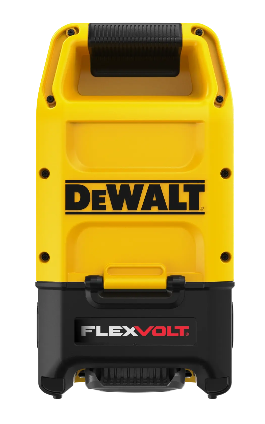 Front view of a DEWALT yellow and black FLEXVOLT portable power supply unit, featuring a handle at the top and DEWALT branding in the center.
