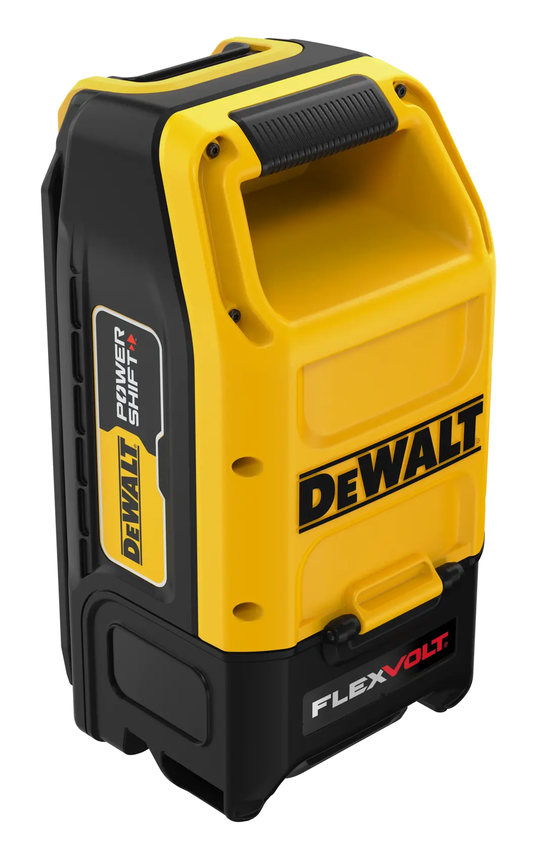 A yellow and black DEWALT Power Shift FLEXVOLT portable battery pack with a handle, used for powering tools and equipment.