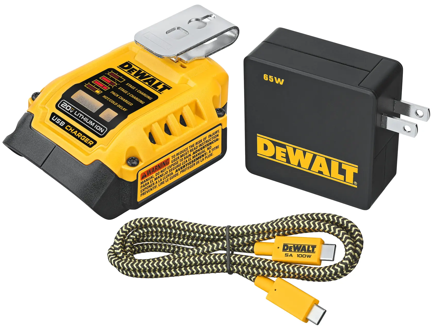 DEWALT battery adapter kit with 20V lithium-ion USB charger, black 65W wall adapter, and a braided USB-C cable.