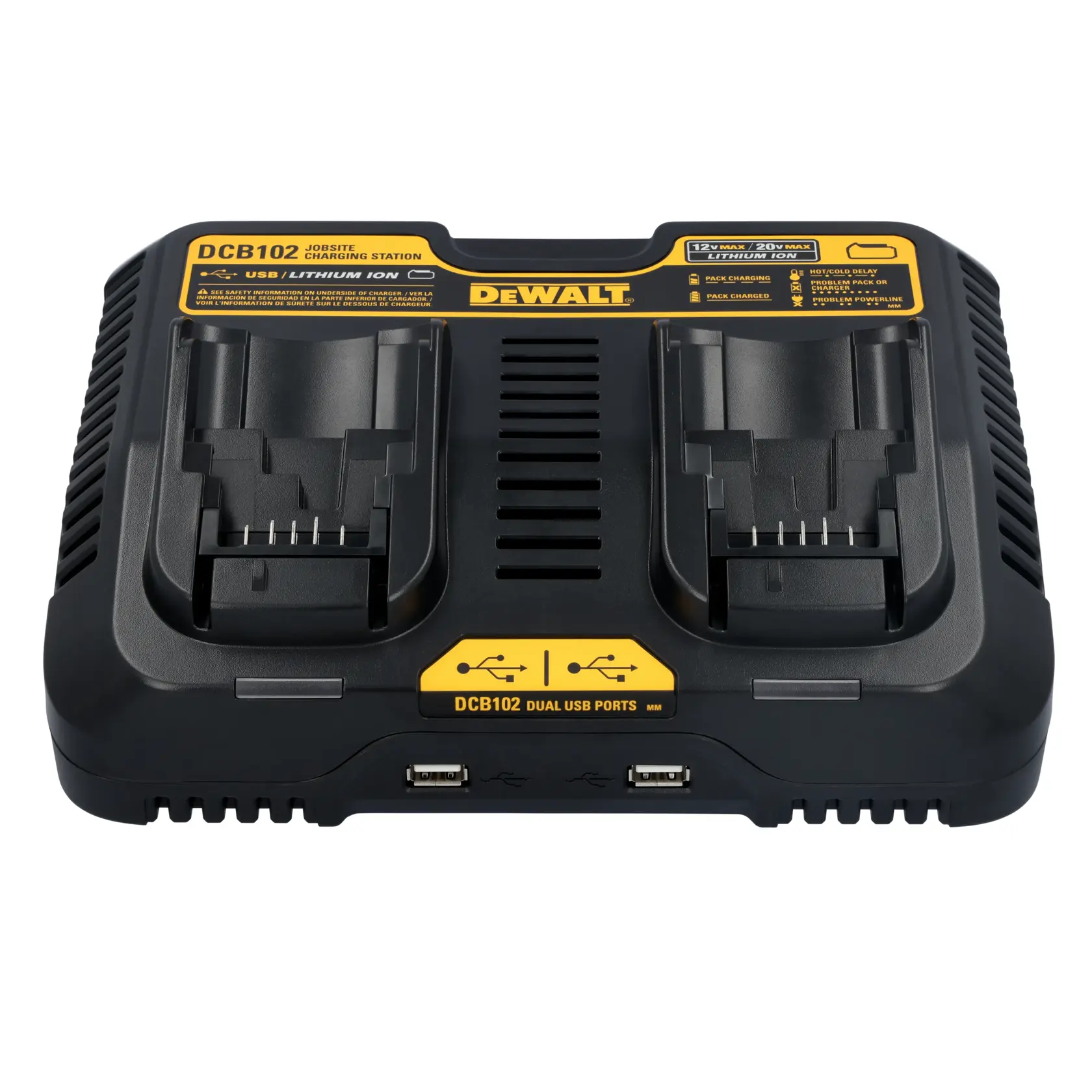 Front view of a DEWALT DCB102 jobsite charging station. The station features two battery charging slots for lithium-ion batteries and dual USB ports for device charging. The product has a black body with yellow labeling.
