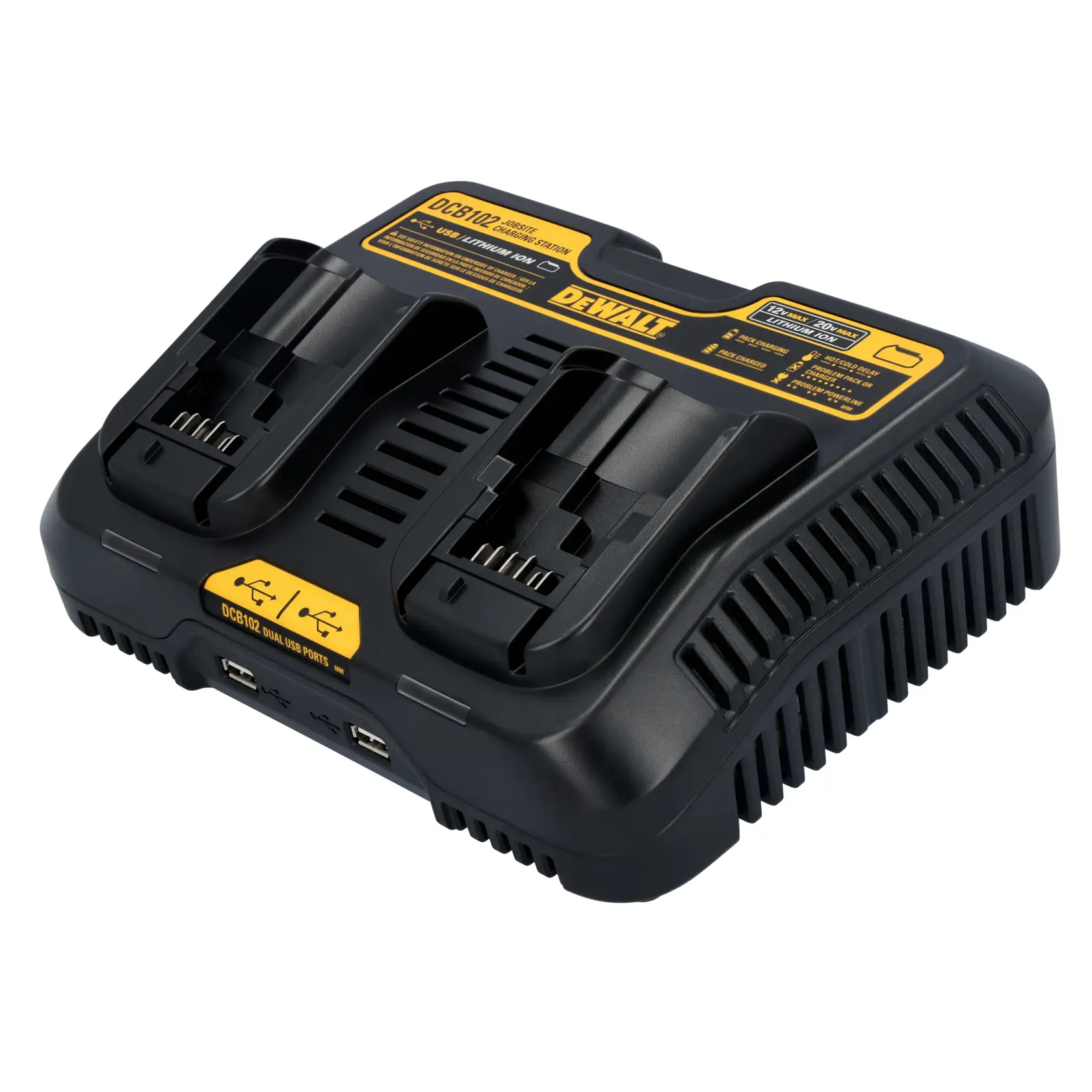 A DEWALT DCB102 dual battery charger with two charging slots and dual USB ports, designed for charging lithium-ion batteries. The charger is black with yellow labeling and is suitable for use with DEWALT power tools.