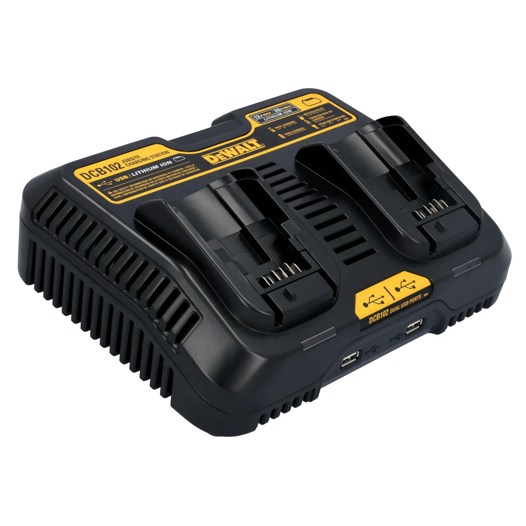 A DEWALT DCB102 dual battery charger for lithium-ion batteries, featuring two charging slots and integrated dual USB ports on the front.